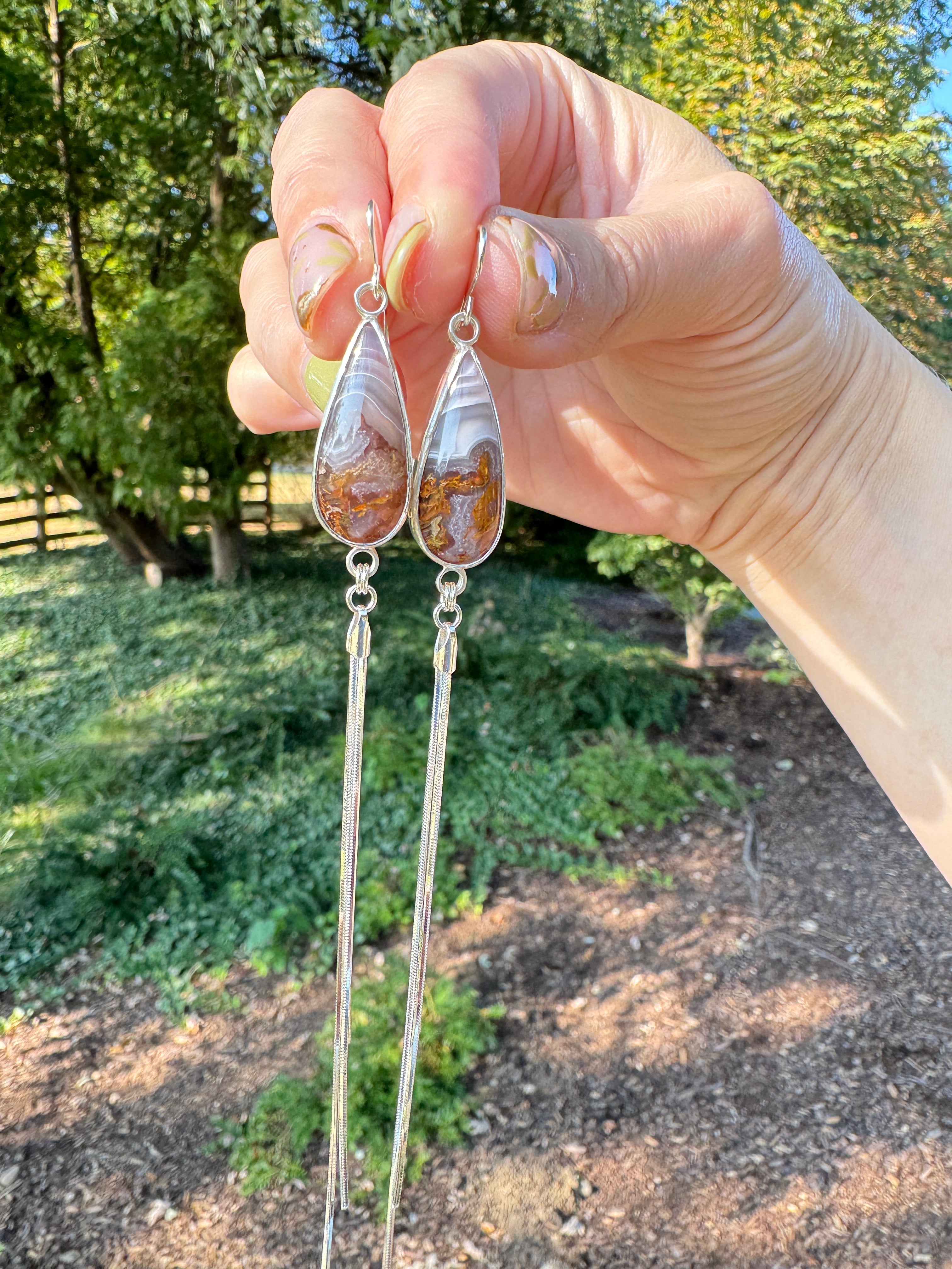 Lavender and Cinnamon striped agua nueva dangly earrings with fringe sterling silver snake chain to add movement. one of a kind, handmade earrings. boho chic jewelry