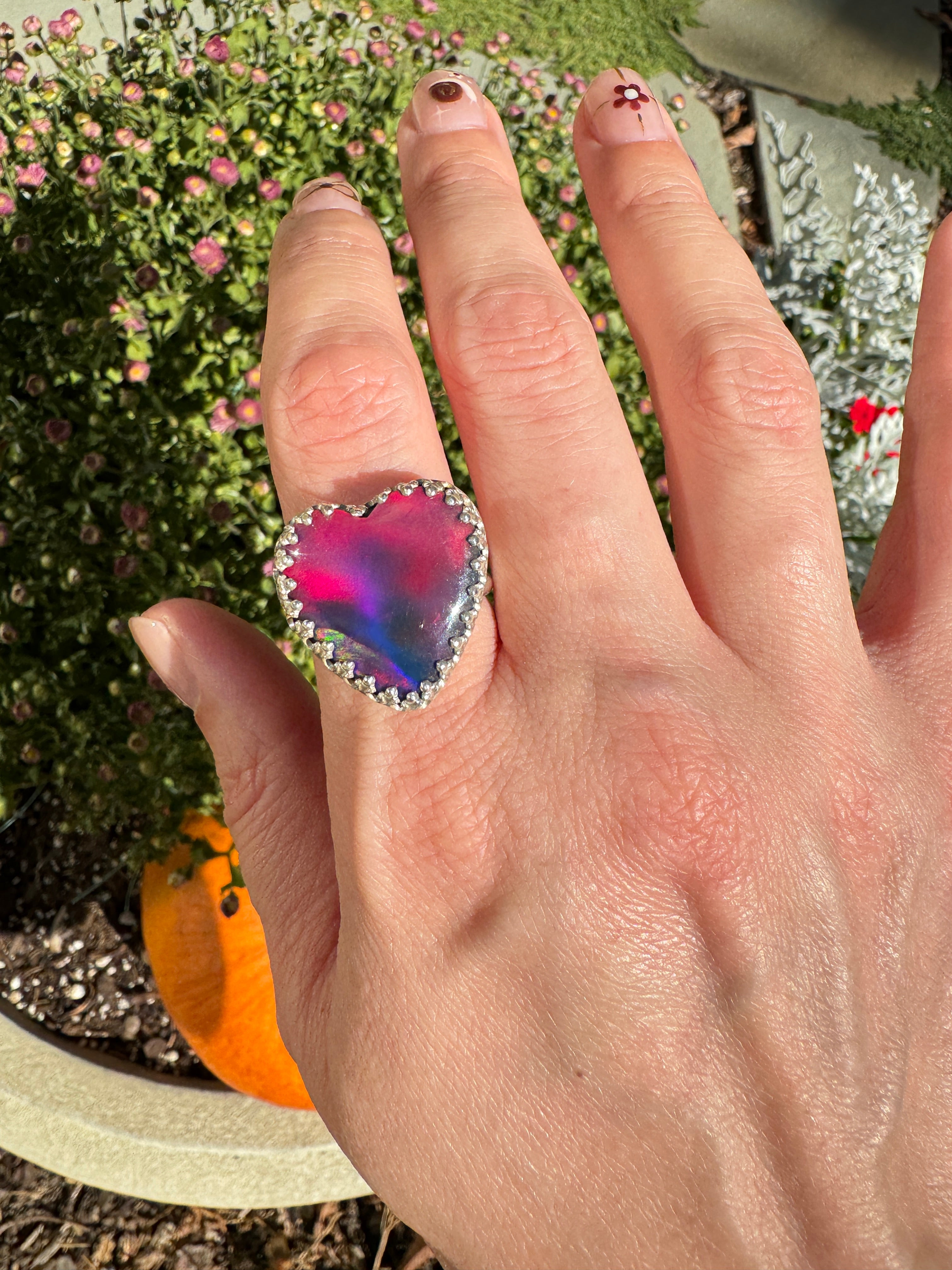 Beautiful heart shaped Aurora Opal on a wide sterling silver double band. One of a kind. The perfect heart ring for Valentine's Day. Size 9.25