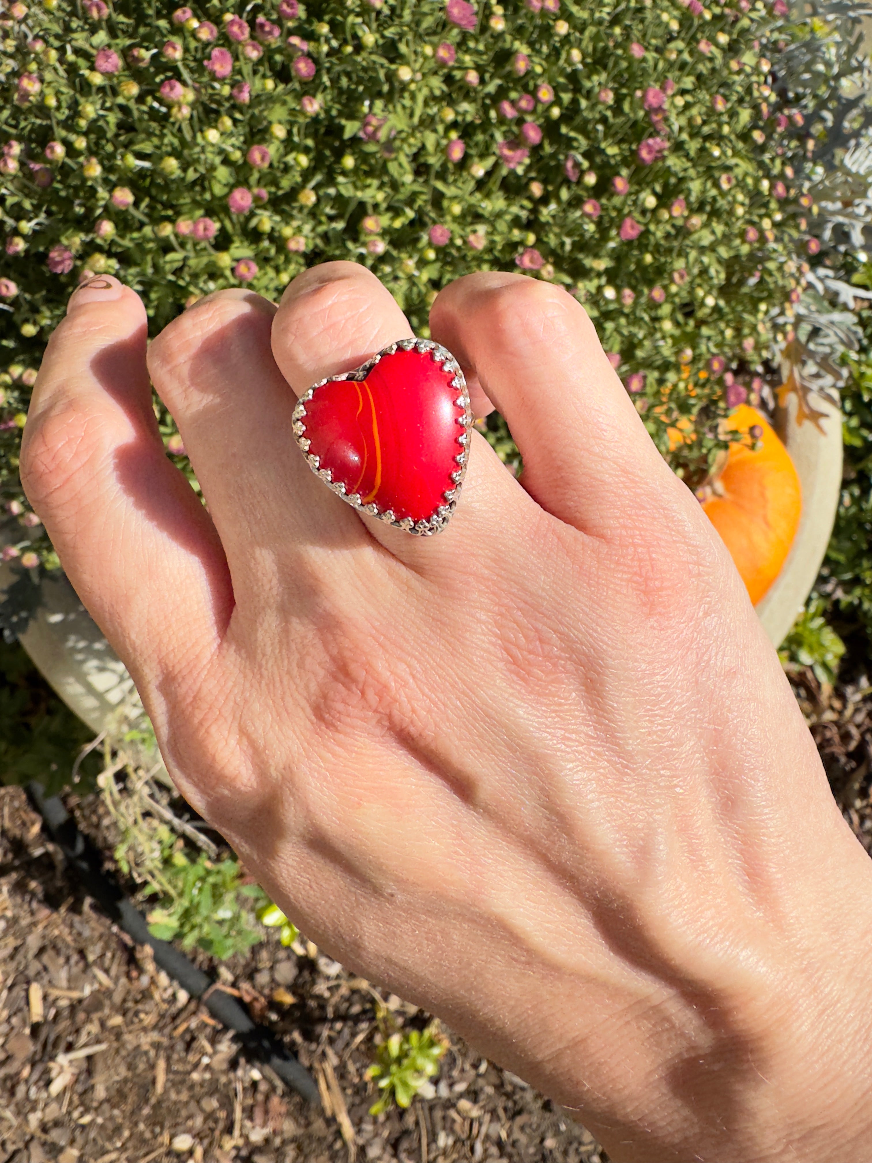 Red Rosarita Heart Ring with sterling silver band. One of a kind statement ring. Perfect for Valentines Day