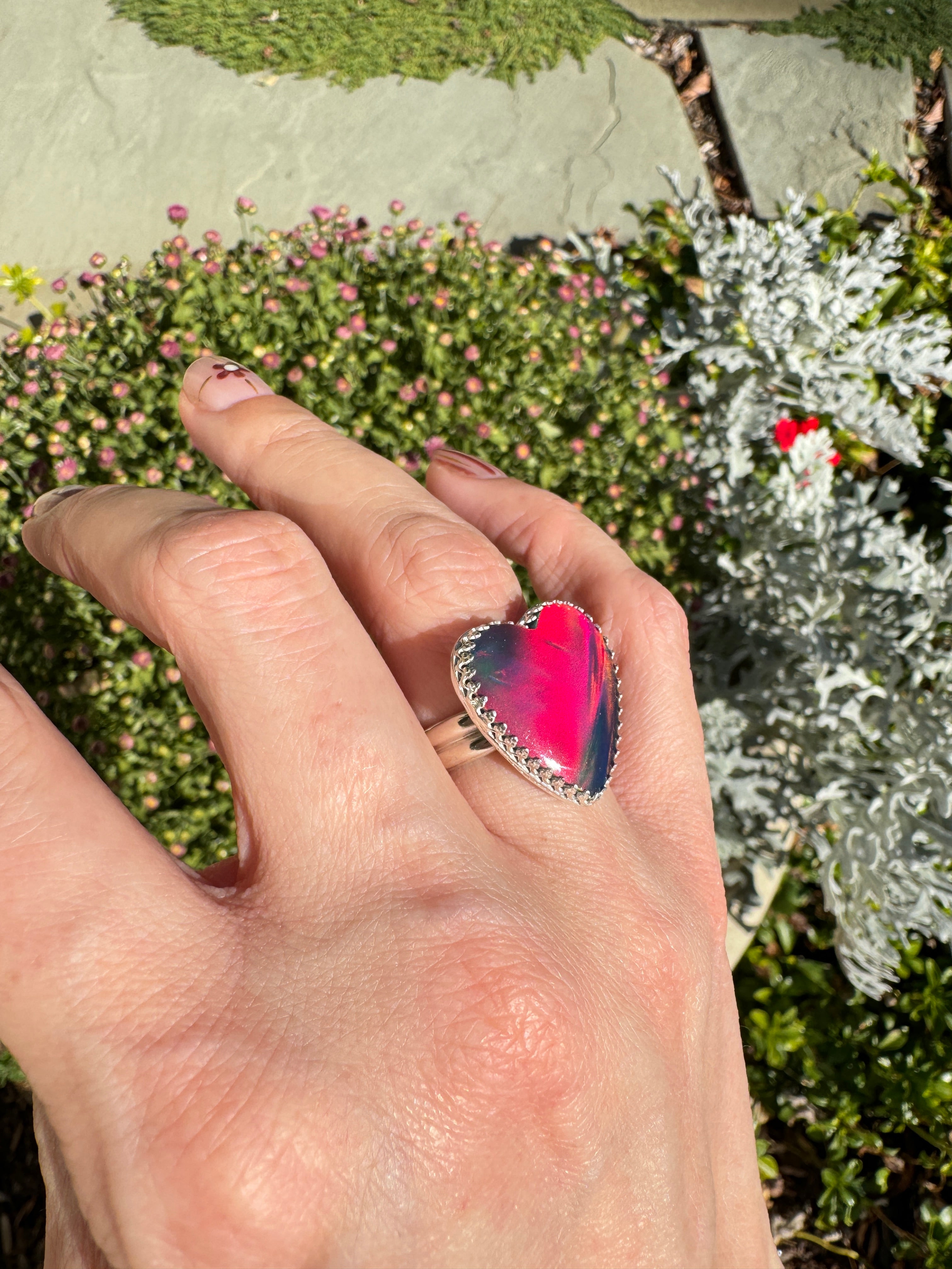 Beautiful heart shaped Aurora Opal on a wide sterling silver double band. One of a kind. The perfect heart ring for Valentine's Day. Size 6