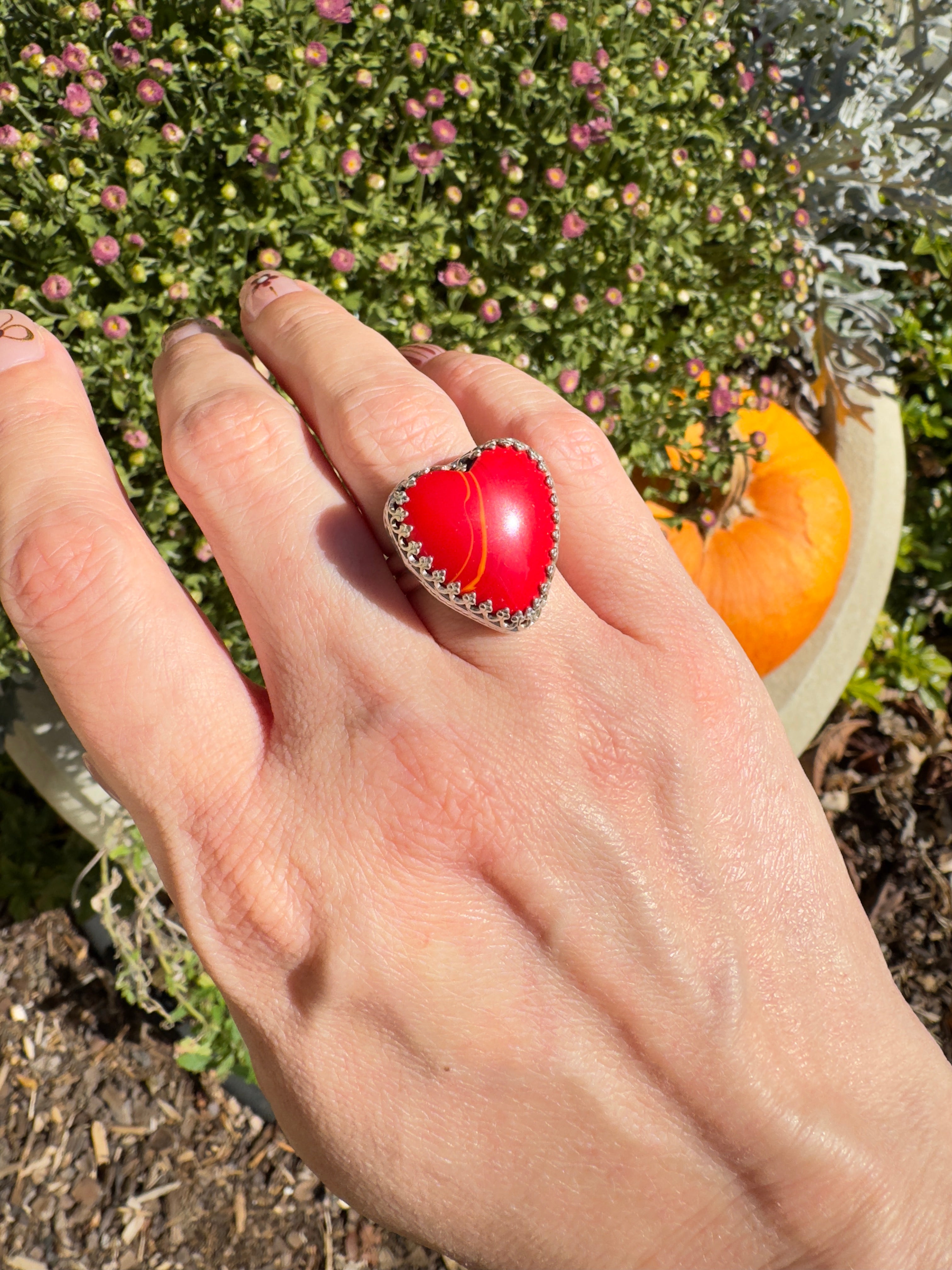 Red Rosarita Heart Ring with sterling silver band. One of a kind statement ring. Perfect for Valentines Day