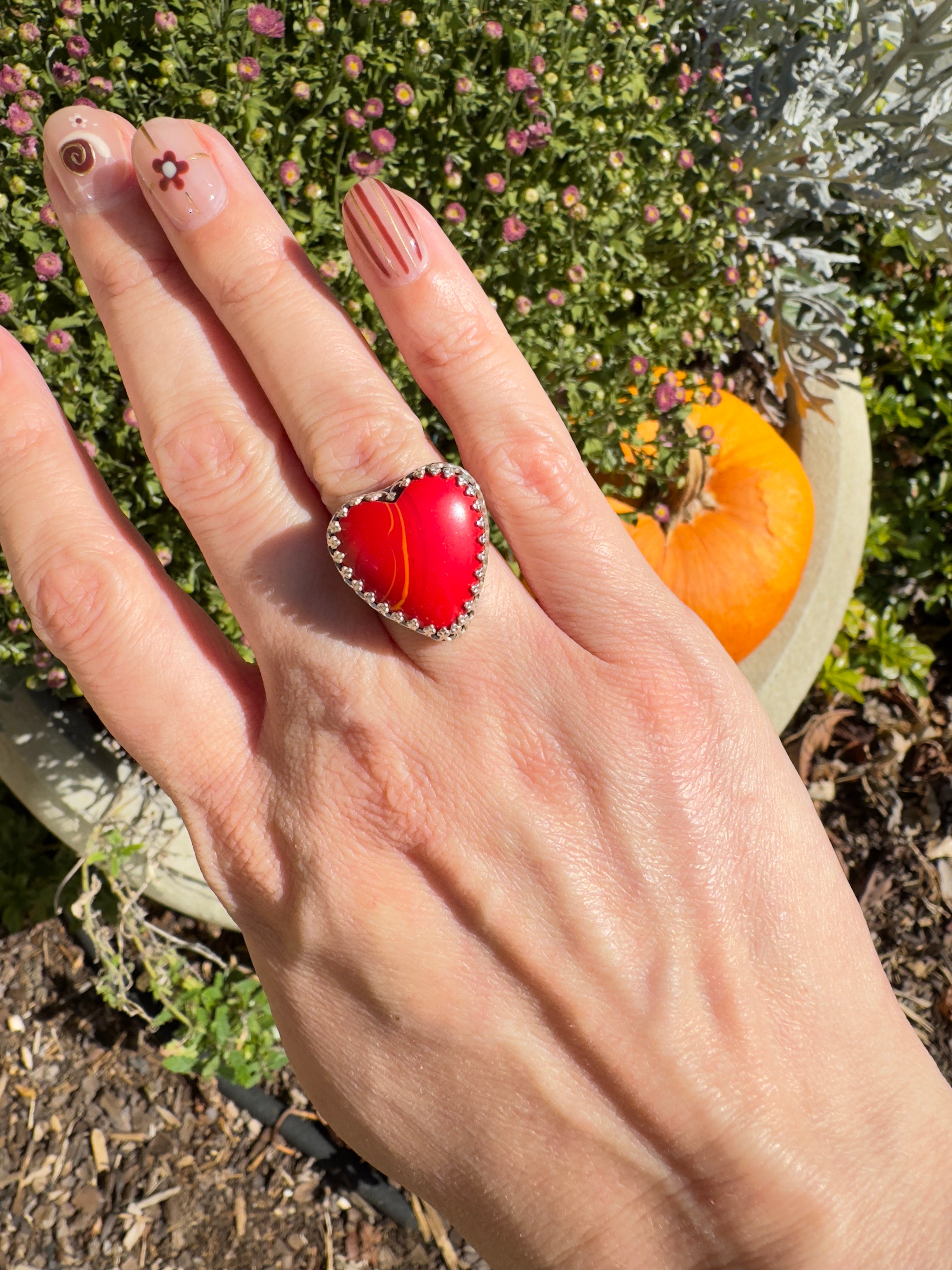 Red Rosarita Heart Ring with sterling silver band. One of a kind statement ring. Perfect for Valentines Day