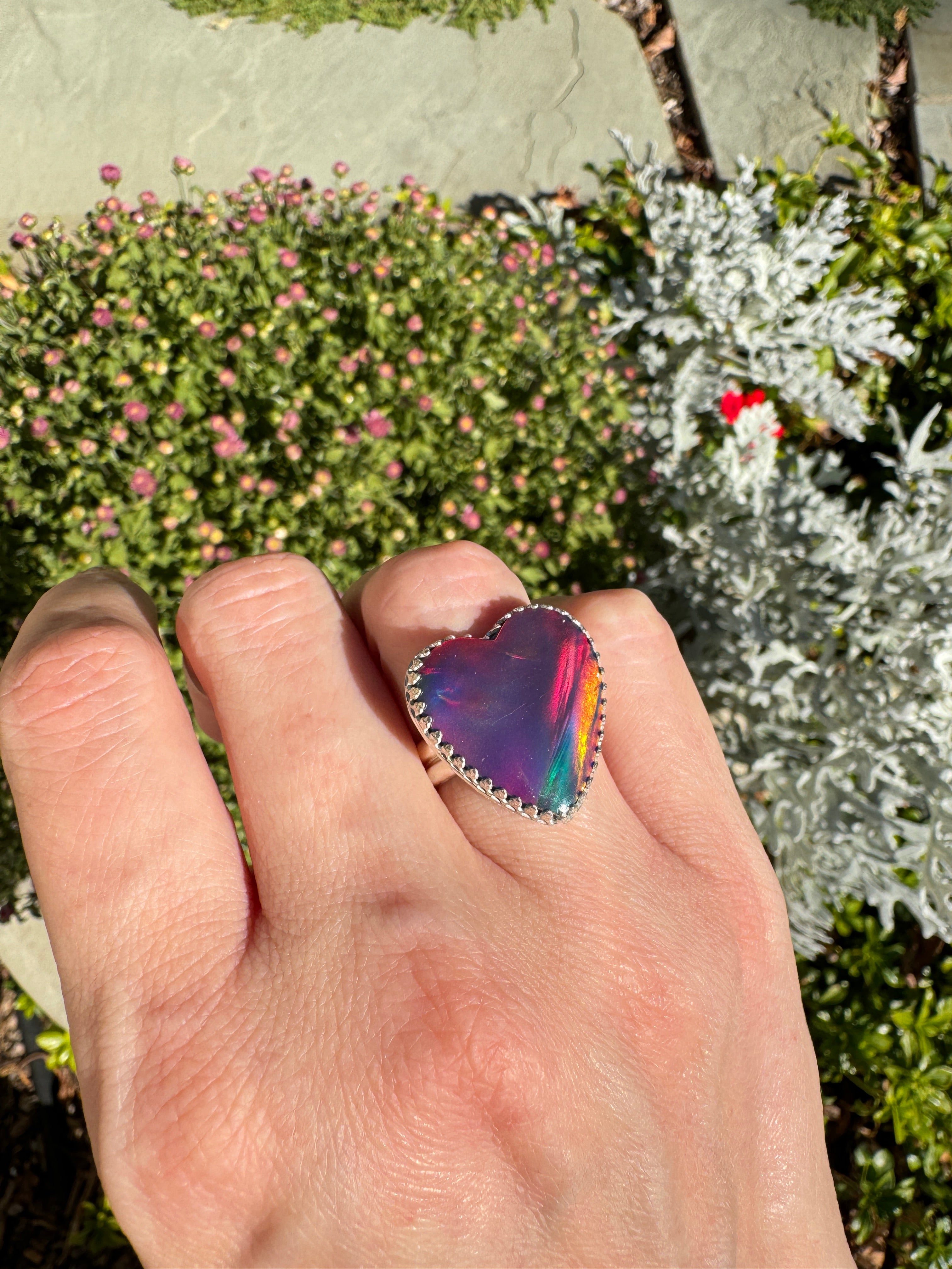 Beautiful heart shaped Aurora Opal on a wide sterling silver double band. One of a kind. The perfect heart ring for Valentine's Day. Size 6