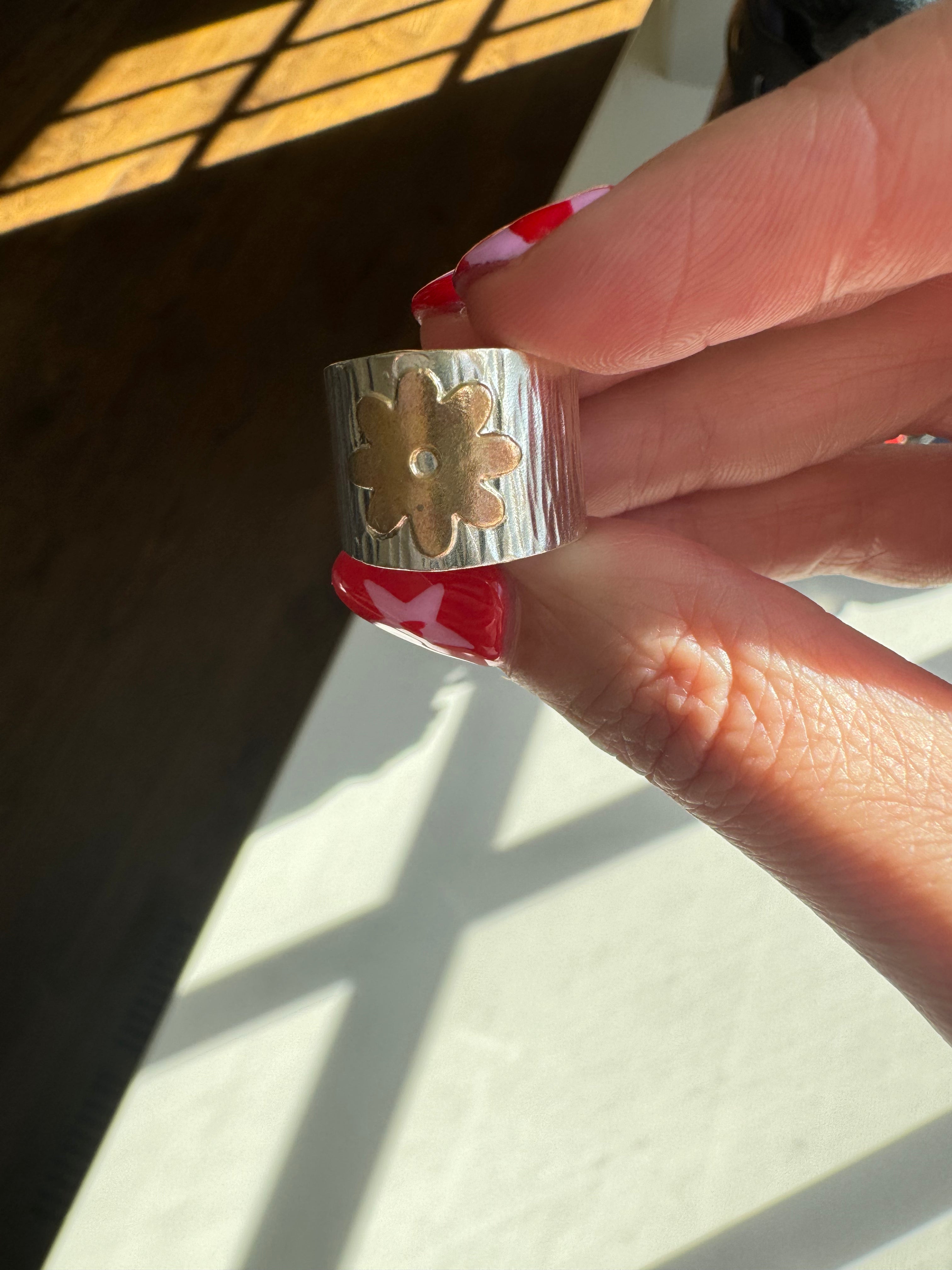 Hammered Silver Band with Brass Flower (Size 5.75)