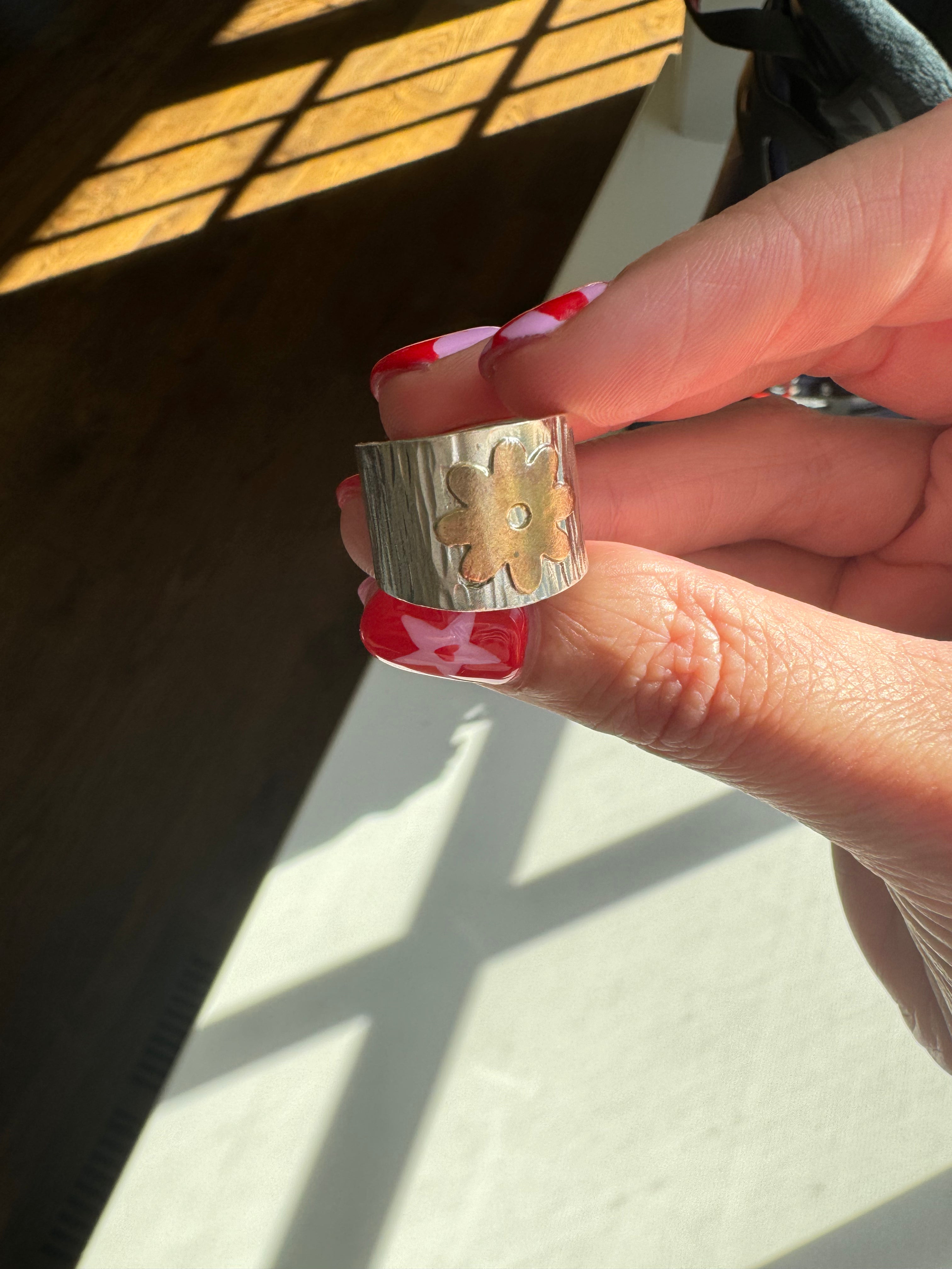 Hammered Silver Band with Brass Flower (Size 5.75)