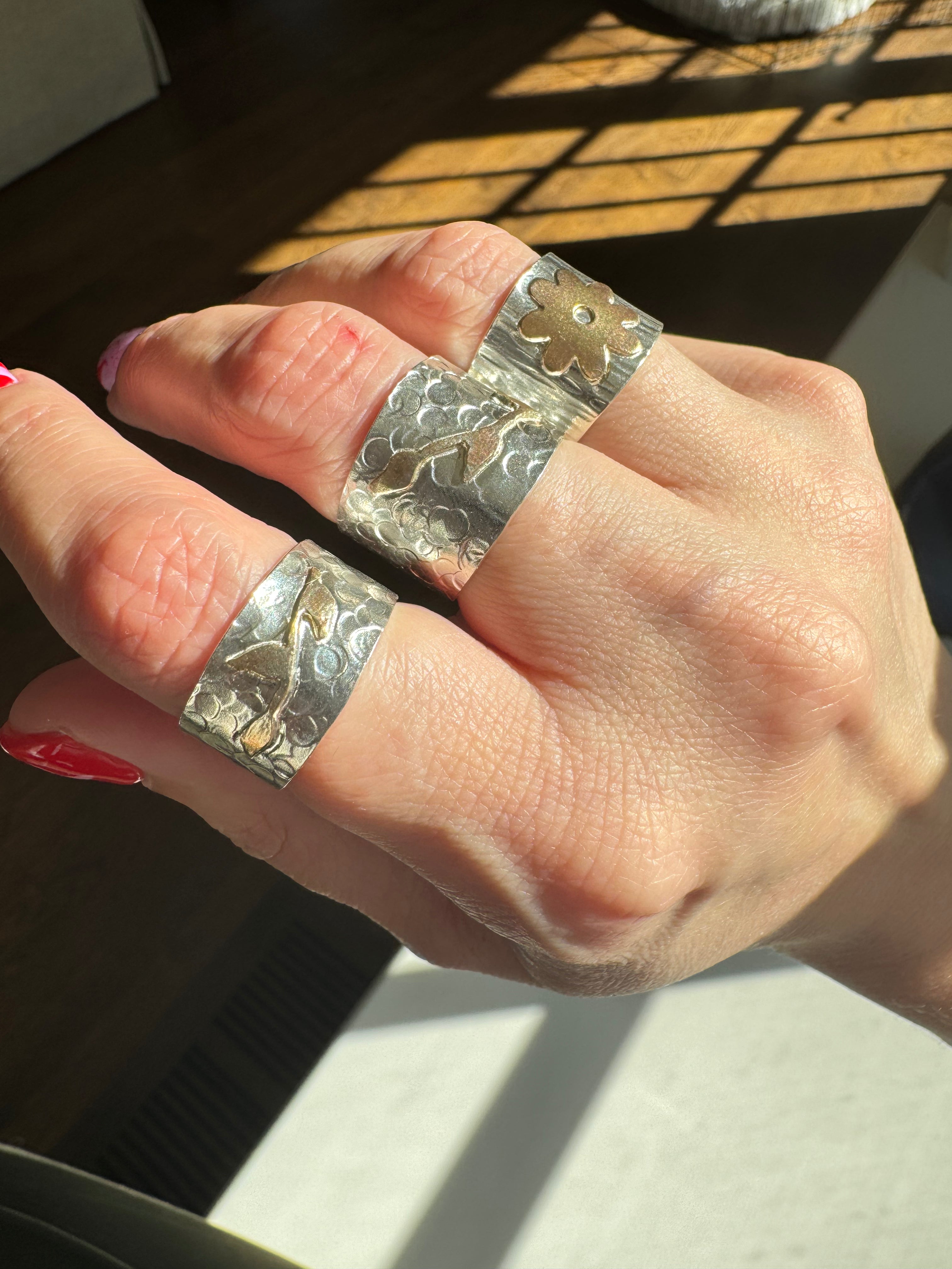 Hammered Silver Band with Brass Flower (Size 5.75)