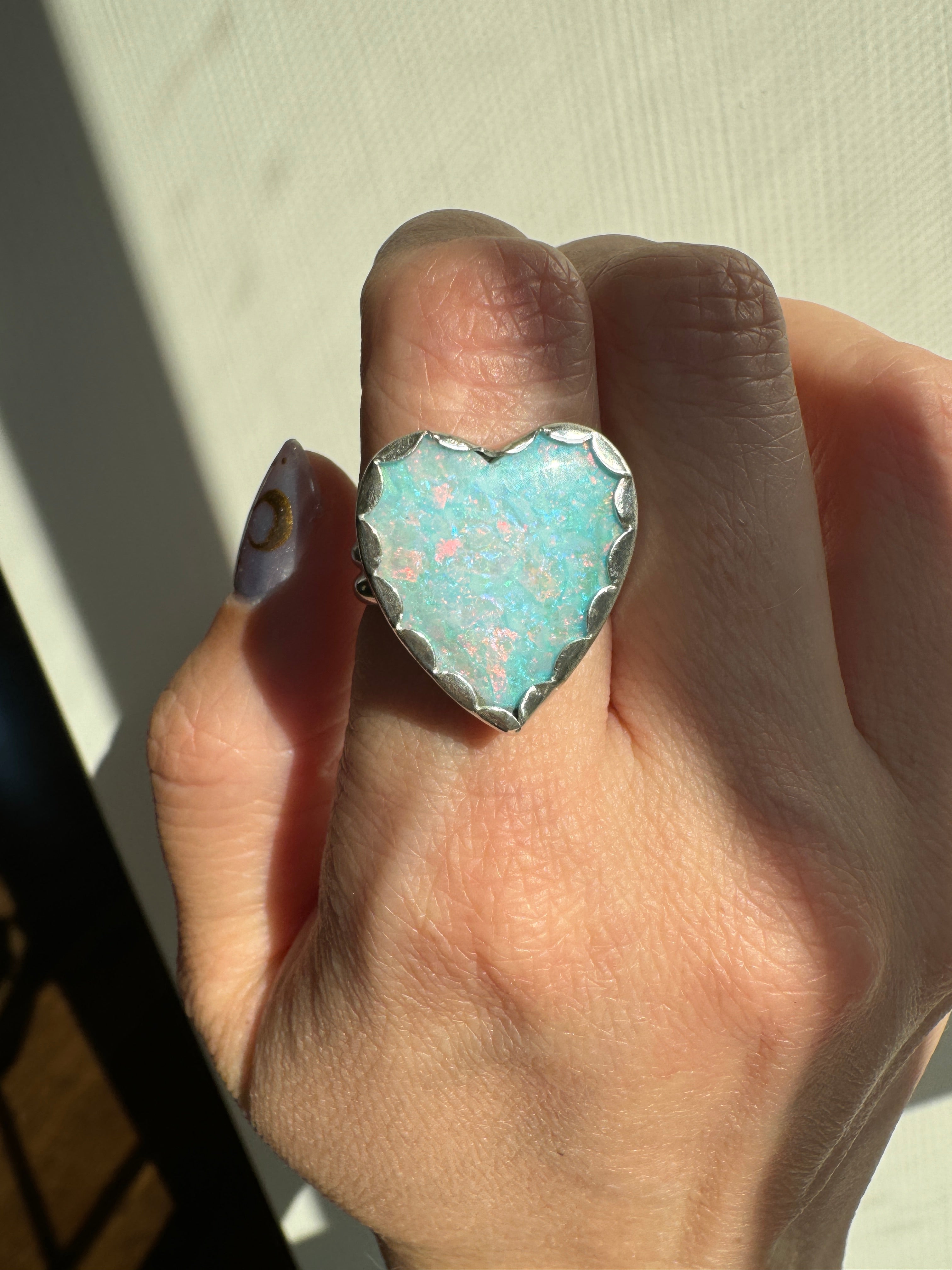 Sterling Opal Heart Ring (Size 8.25)