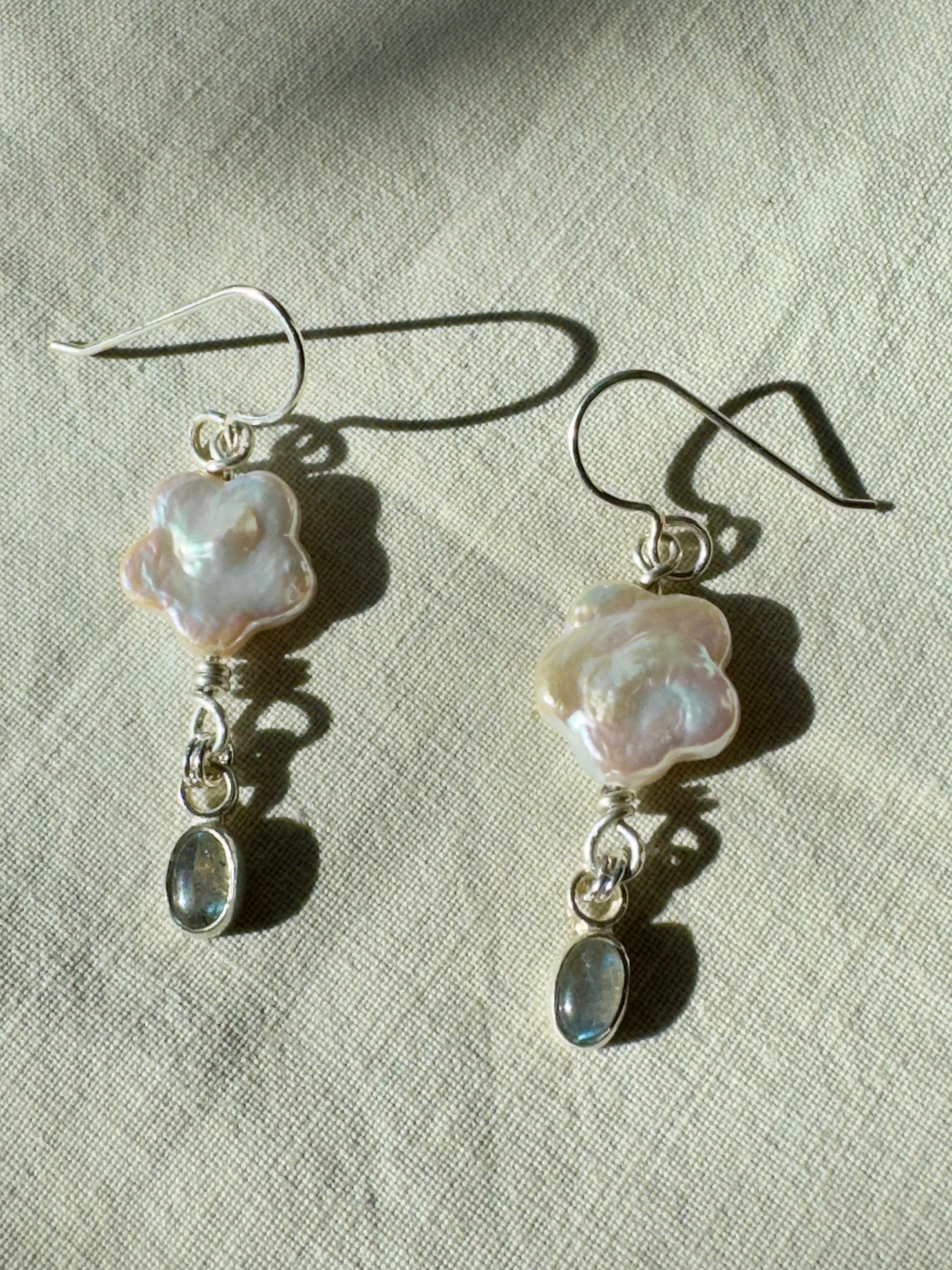 Flower Pearl Earrings with Small Labradorite