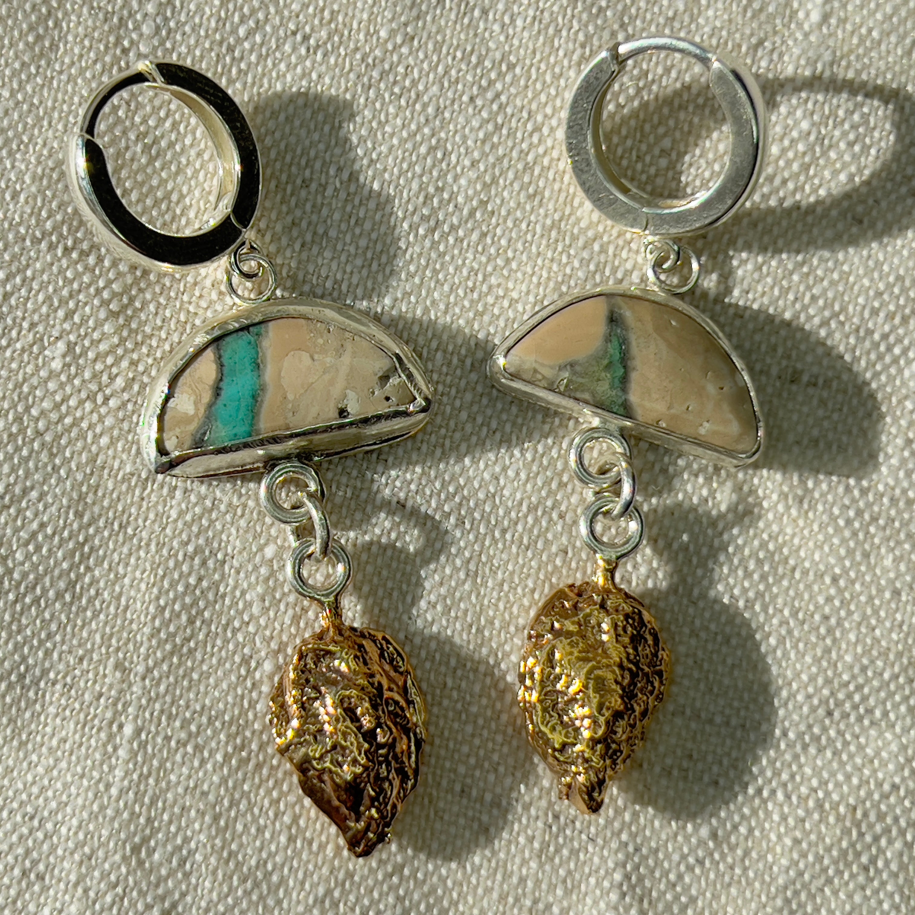 Verde Blue with Bronze Baby Peaches on Sterling Silver Hoops