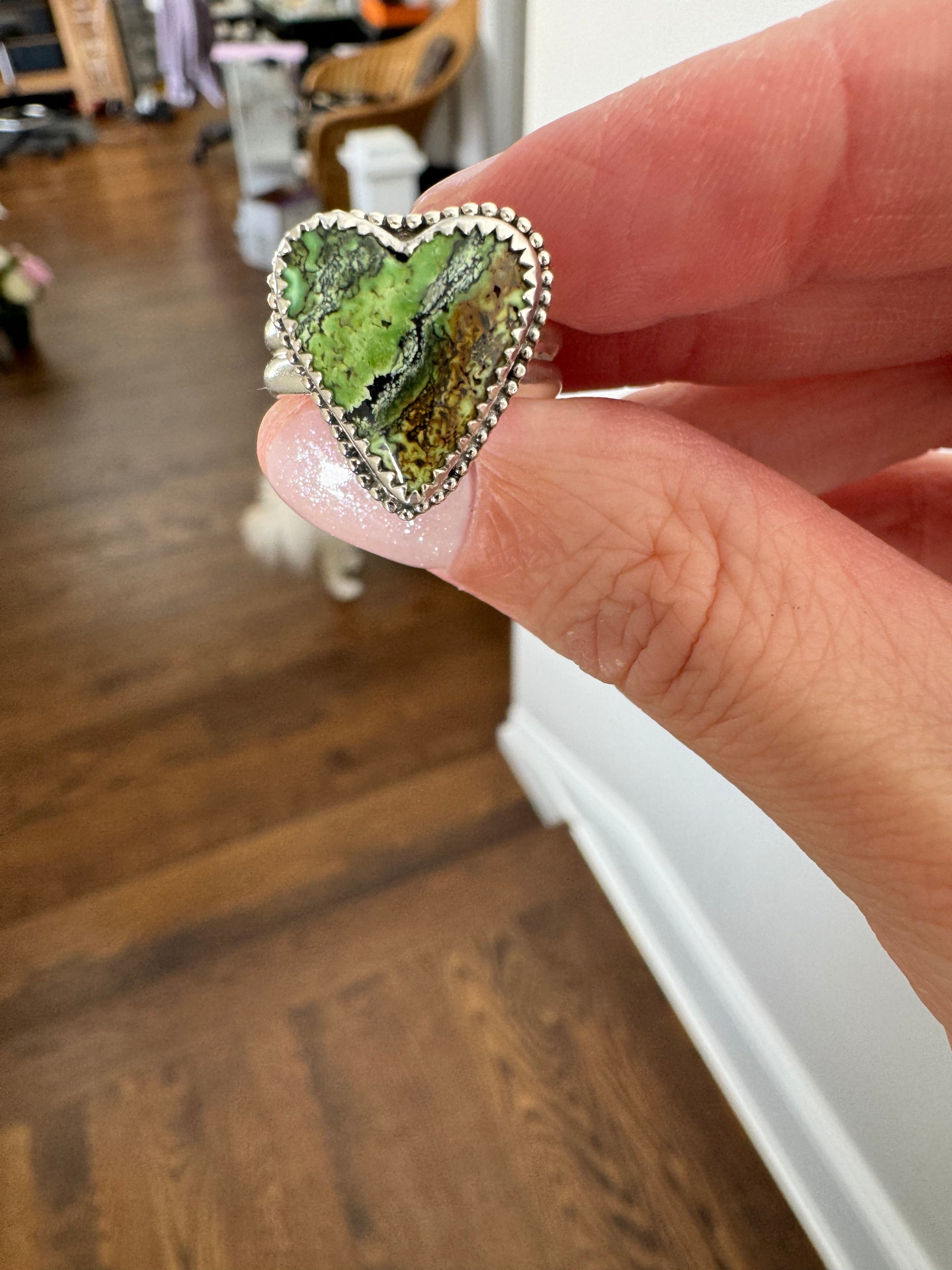 Turquoise Heart Ring with Beaded Border (Size 6.25)