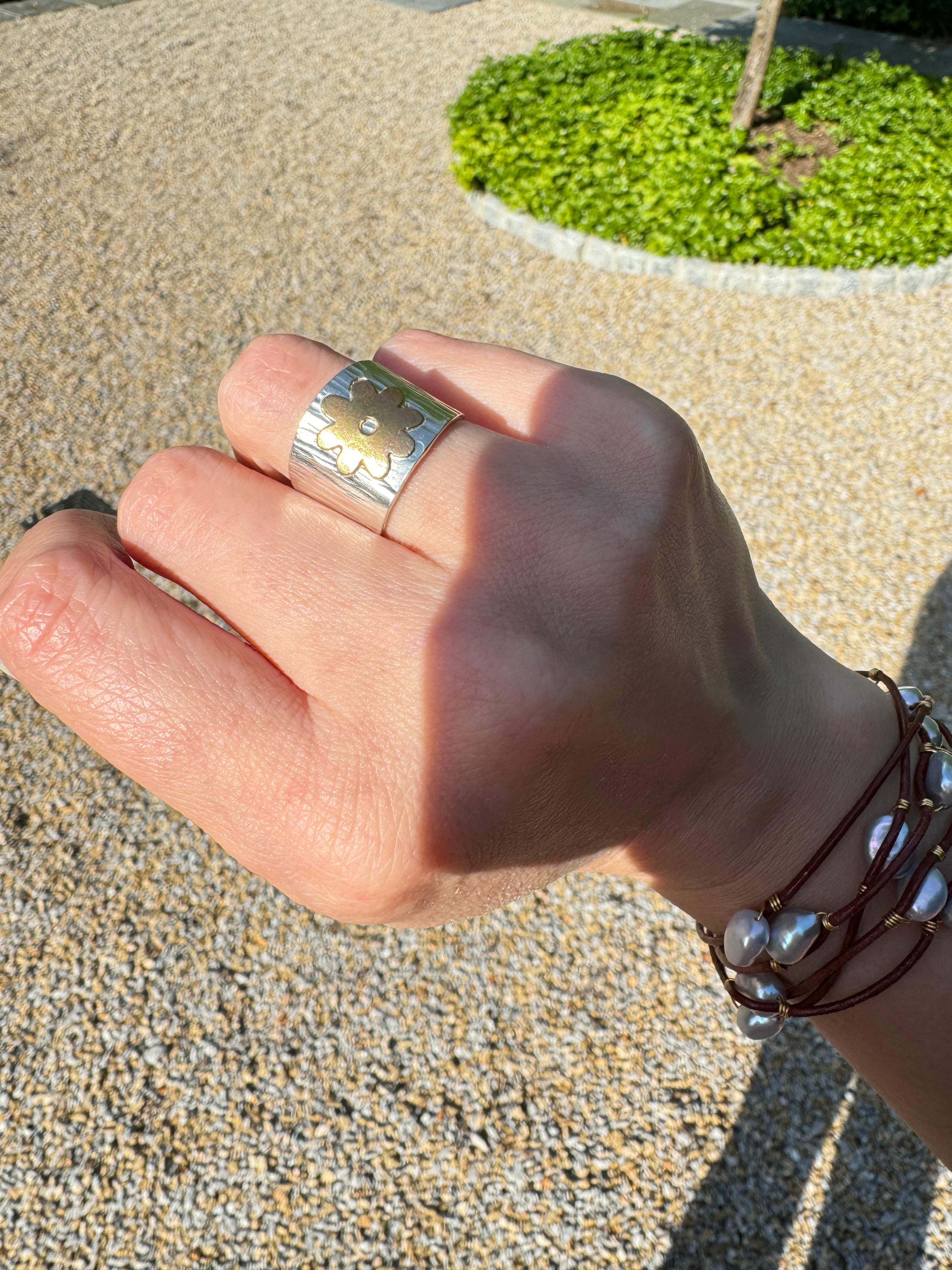 Hammered Silver Band with Brass Flower (Size 5.75)