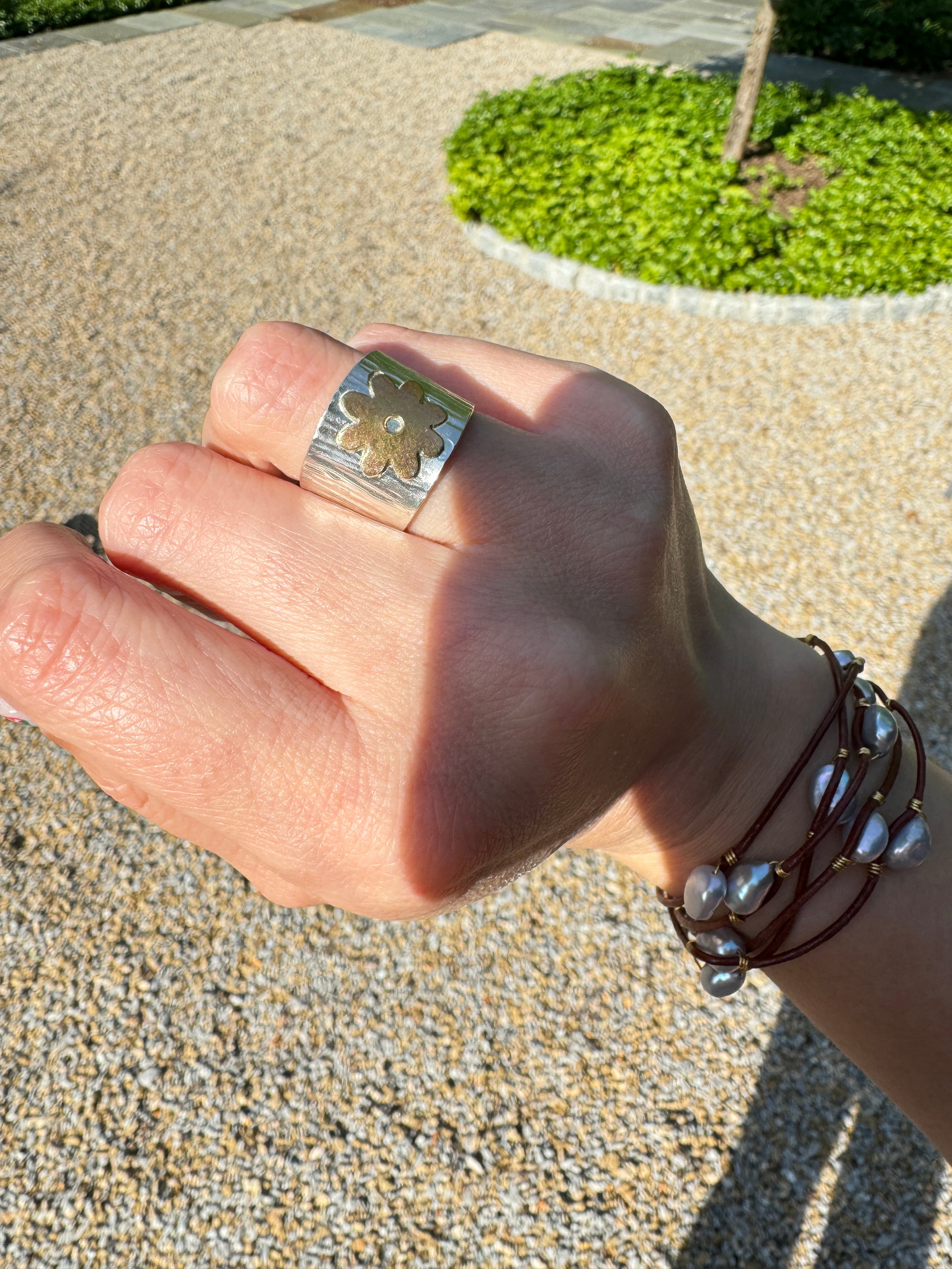 Hammered Silver Band with Brass Flower (Size 5.75)