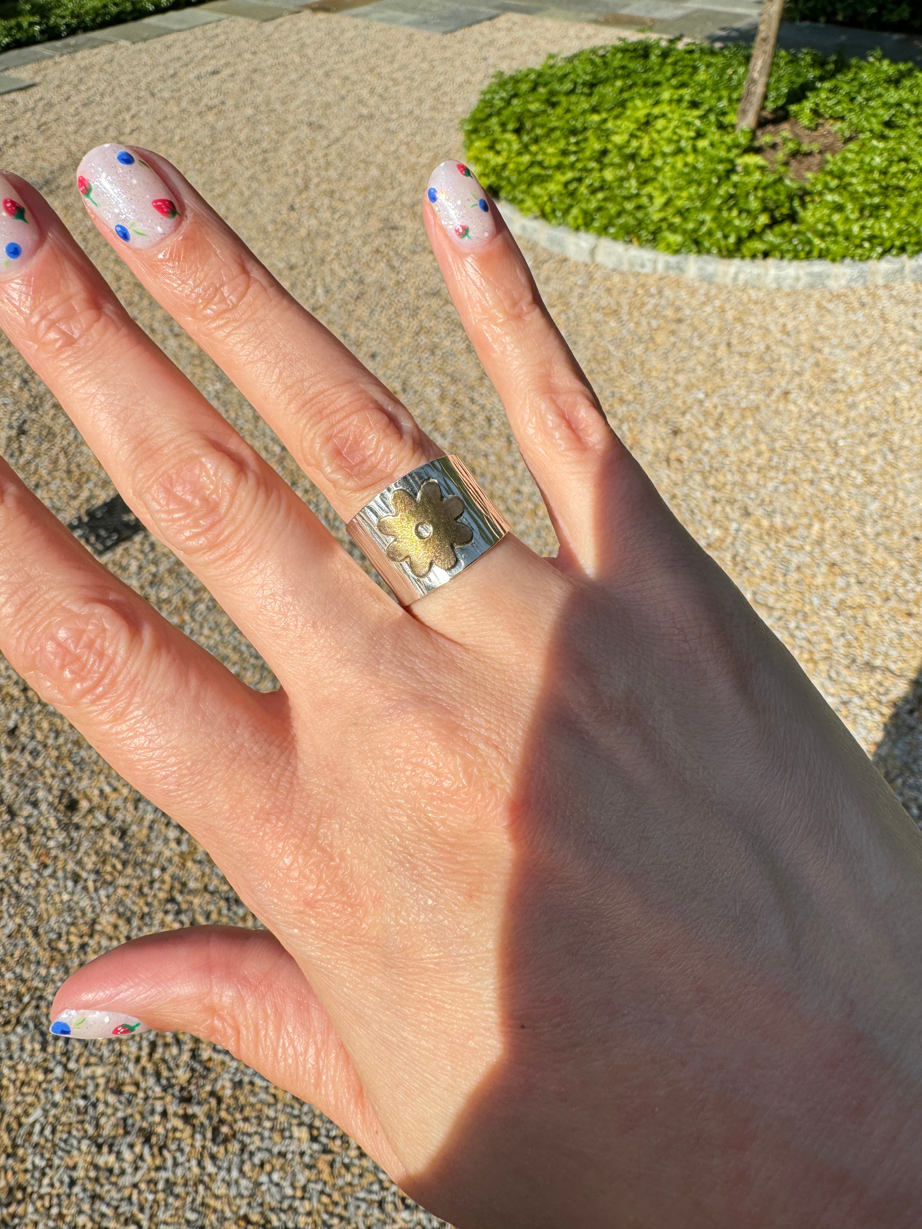 Hammered Silver Band with Brass Flower (Size 5.75)