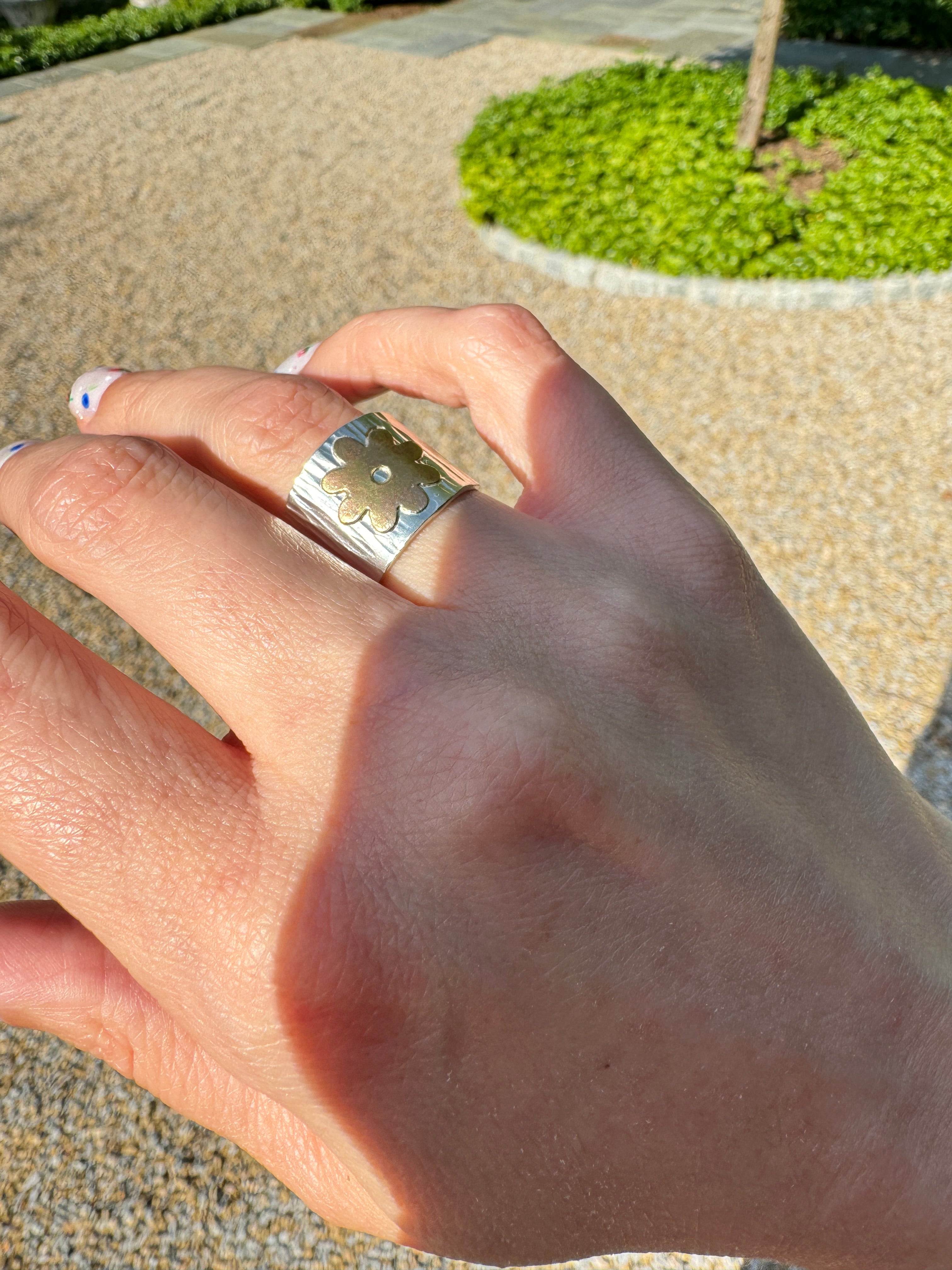 Hammered Silver Band with Brass Flower (Size 5.75)