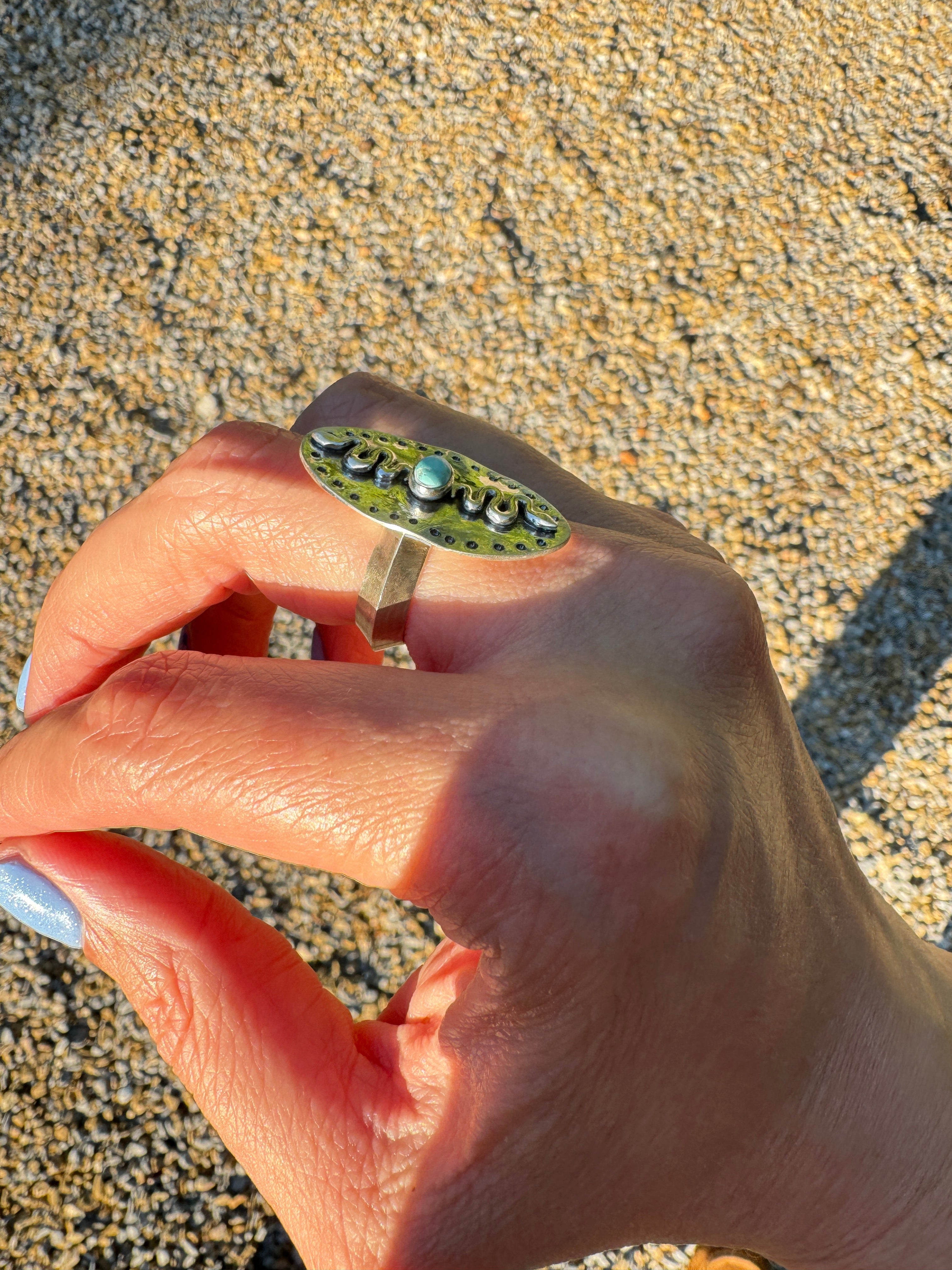 Sterling Silver Snakes with Carico Lake Turquoise Ring (Size 7/7.5)