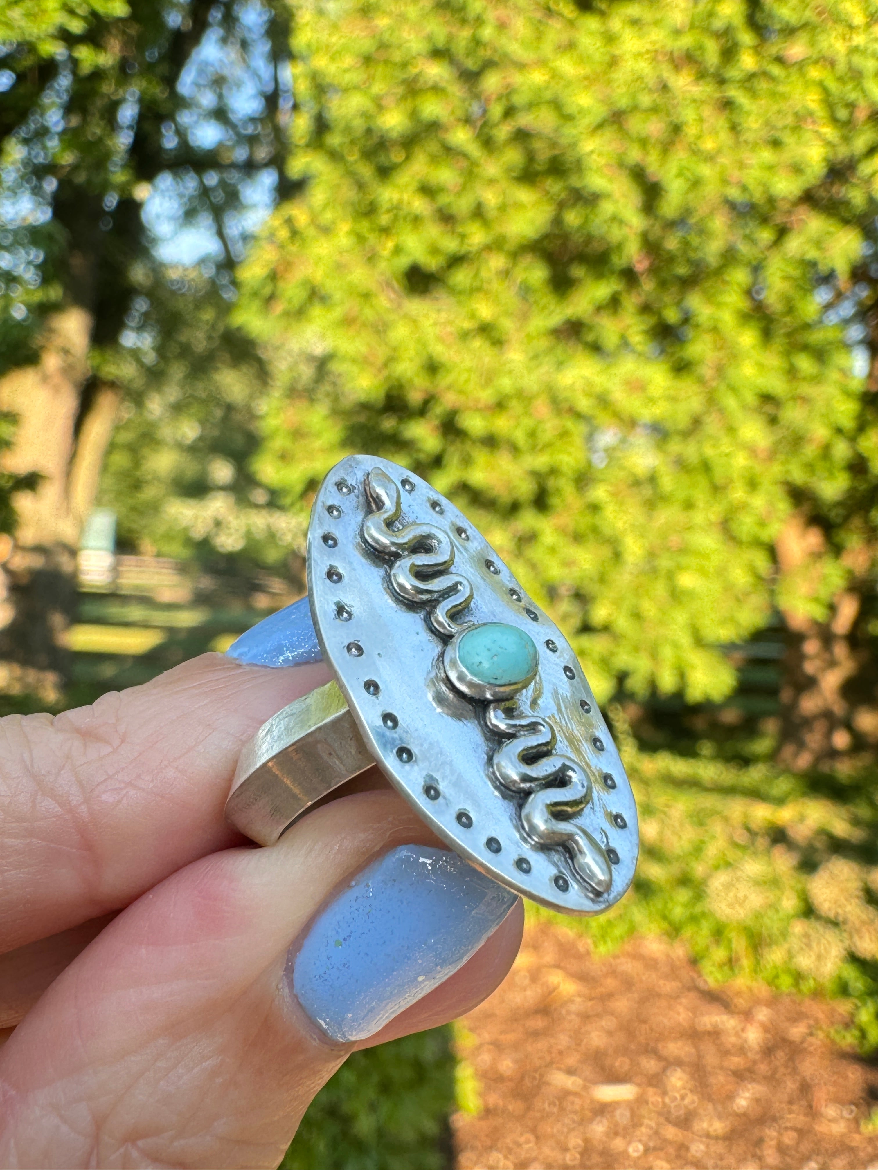 Sterling Silver Snakes with Carico Lake Turquoise Ring (Size 7/7.5)