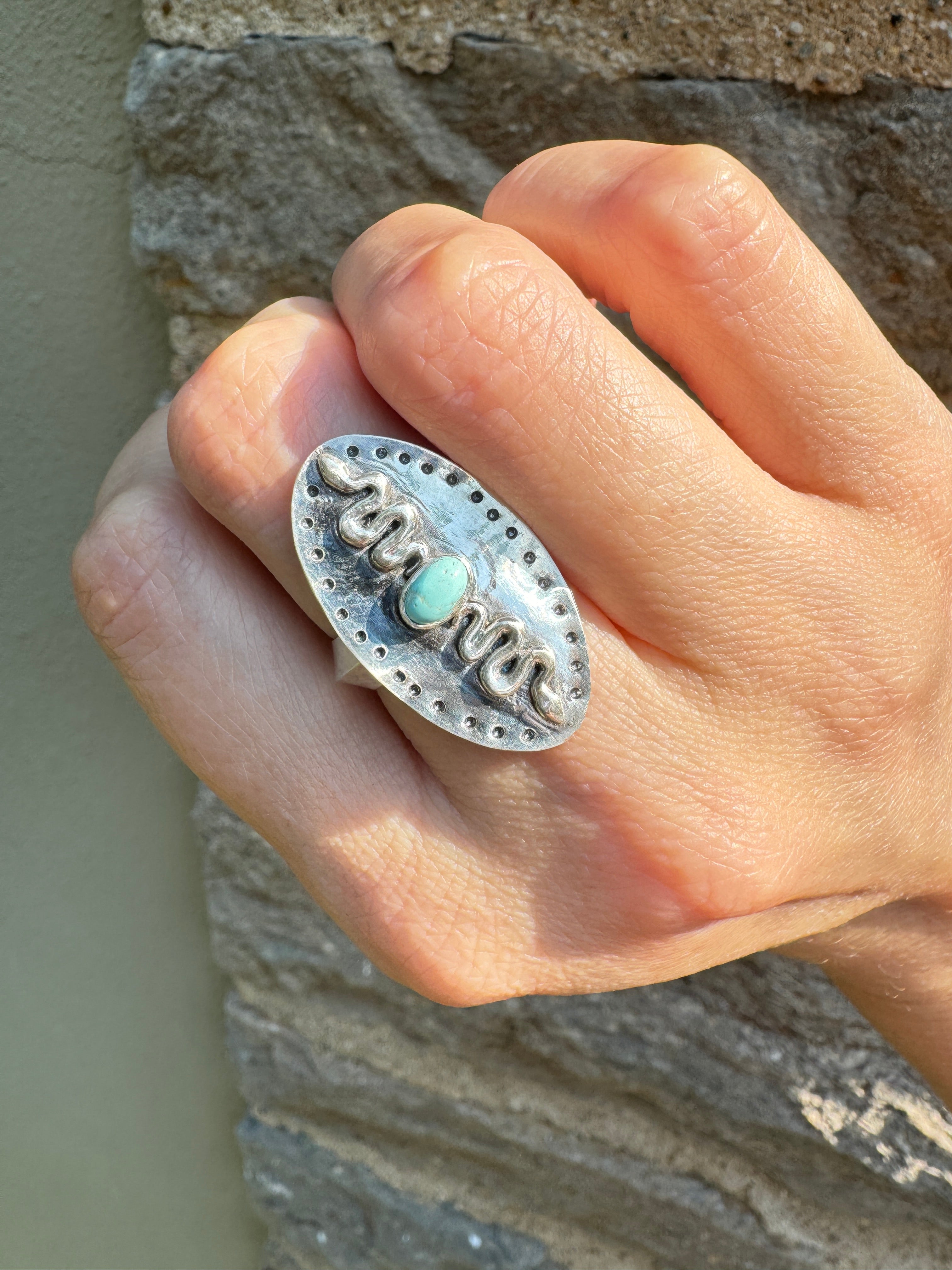 Sterling Silver Snakes with Carico Lake Turquoise Ring (Size 7/7.5)