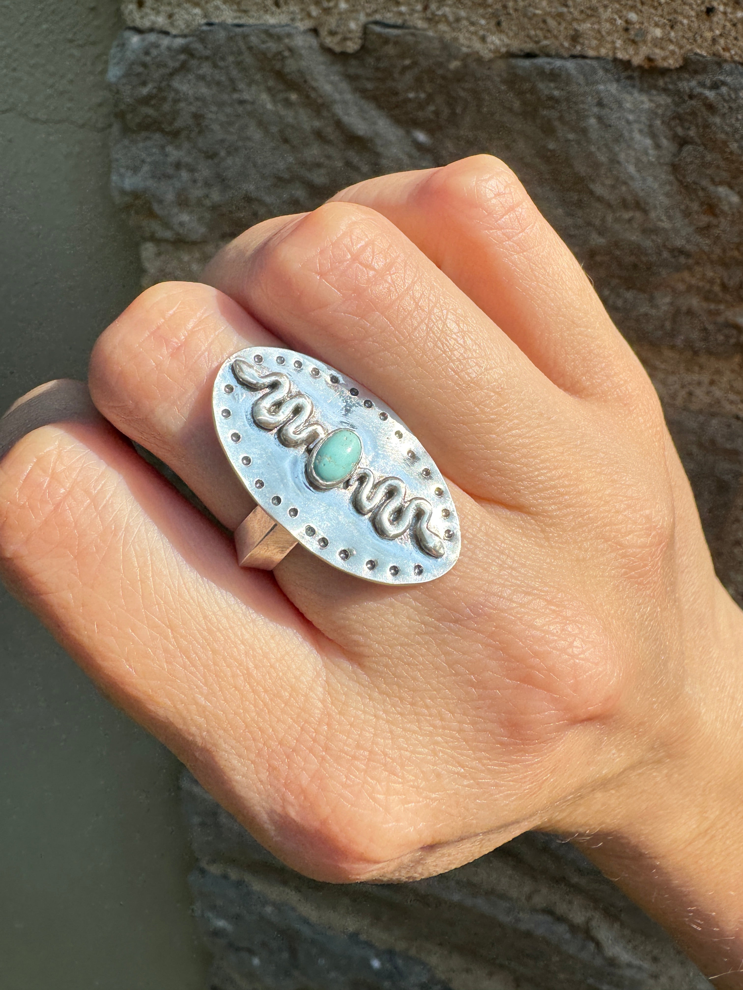 Sterling Silver Snakes with Carico Lake Turquoise Ring (Size 7/7.5)