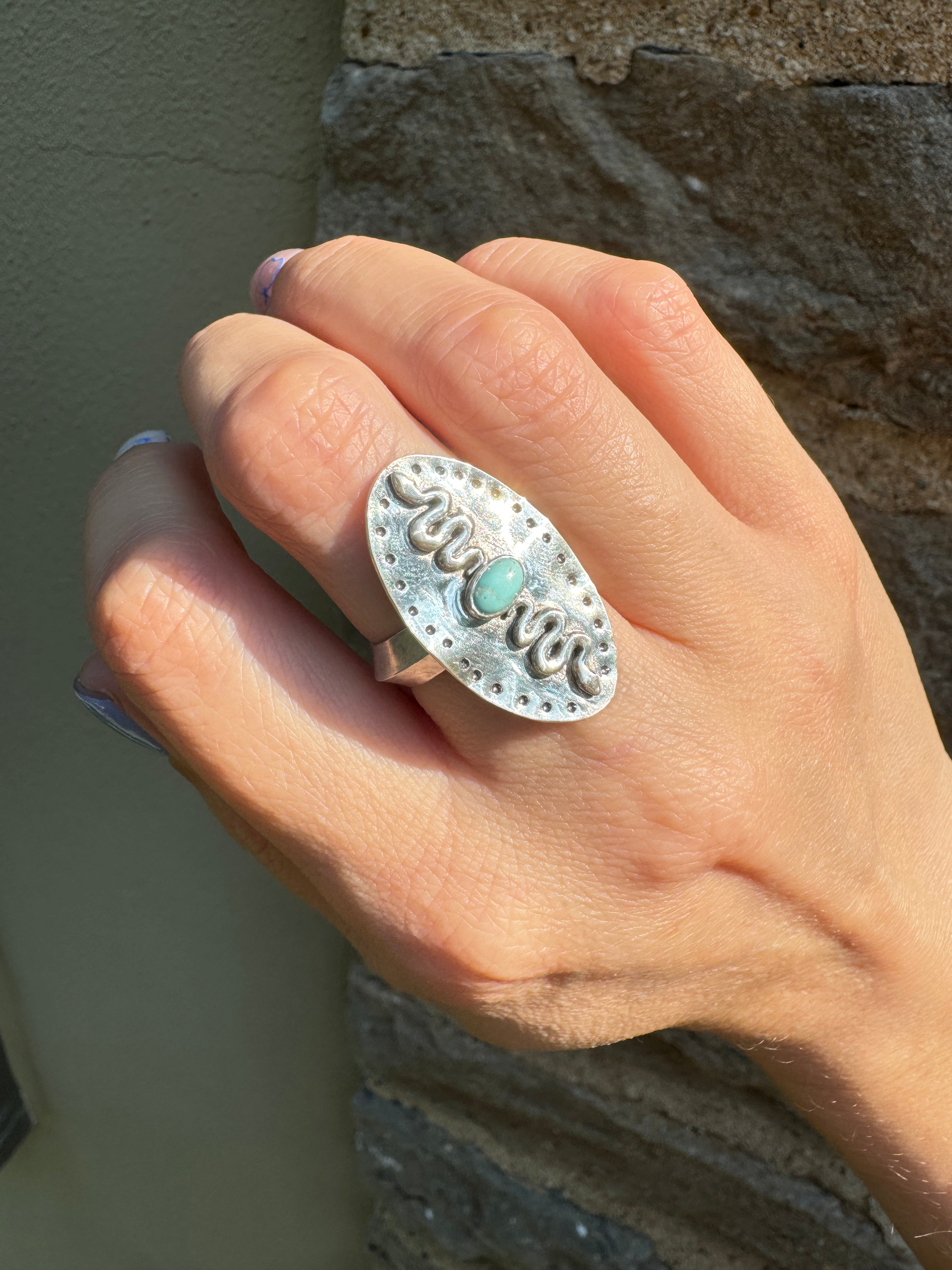 Sterling Silver Snakes with Carico Lake Turquoise Ring (Size 7/7.5)