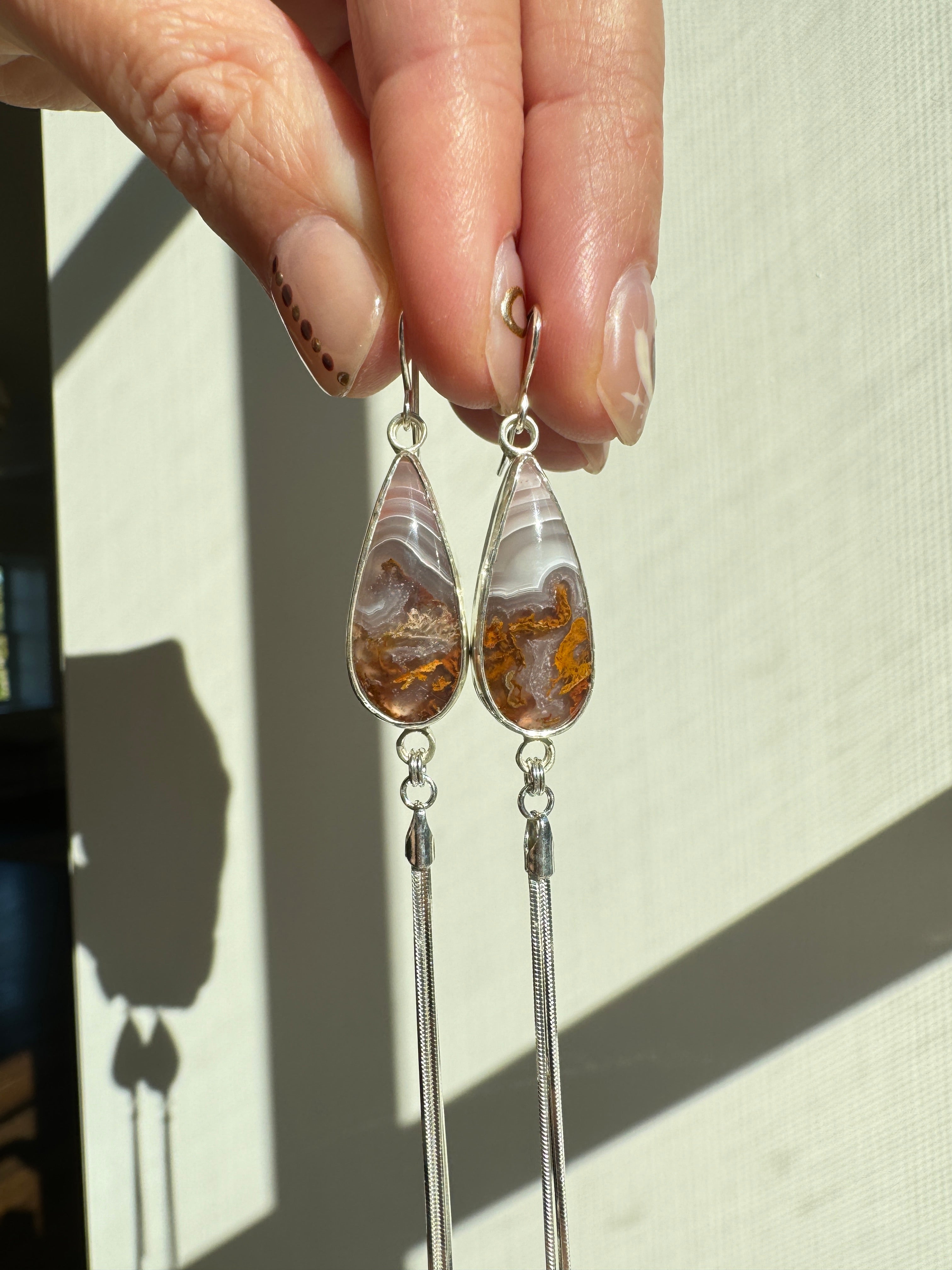 Lavender and Cinnamon striped agua nueva dangly earrings with fringe sterling silver snake chain to add movement. one of a kind, handmade earrings. boho chic jewelry