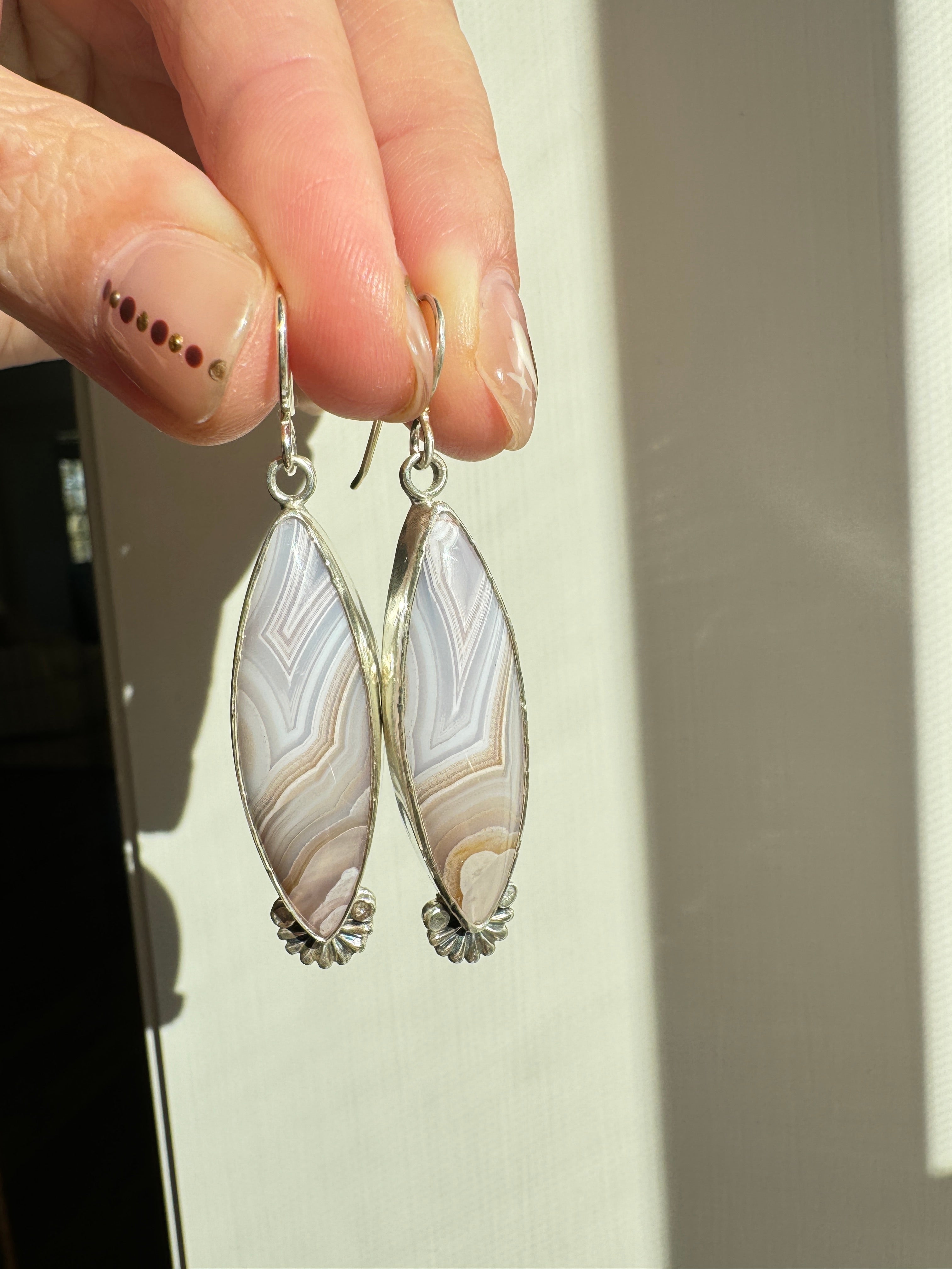 Pretty pastel pink dangly earrings. Agua Nueva on sterling silver. Handmade, one of a kind jewelry.