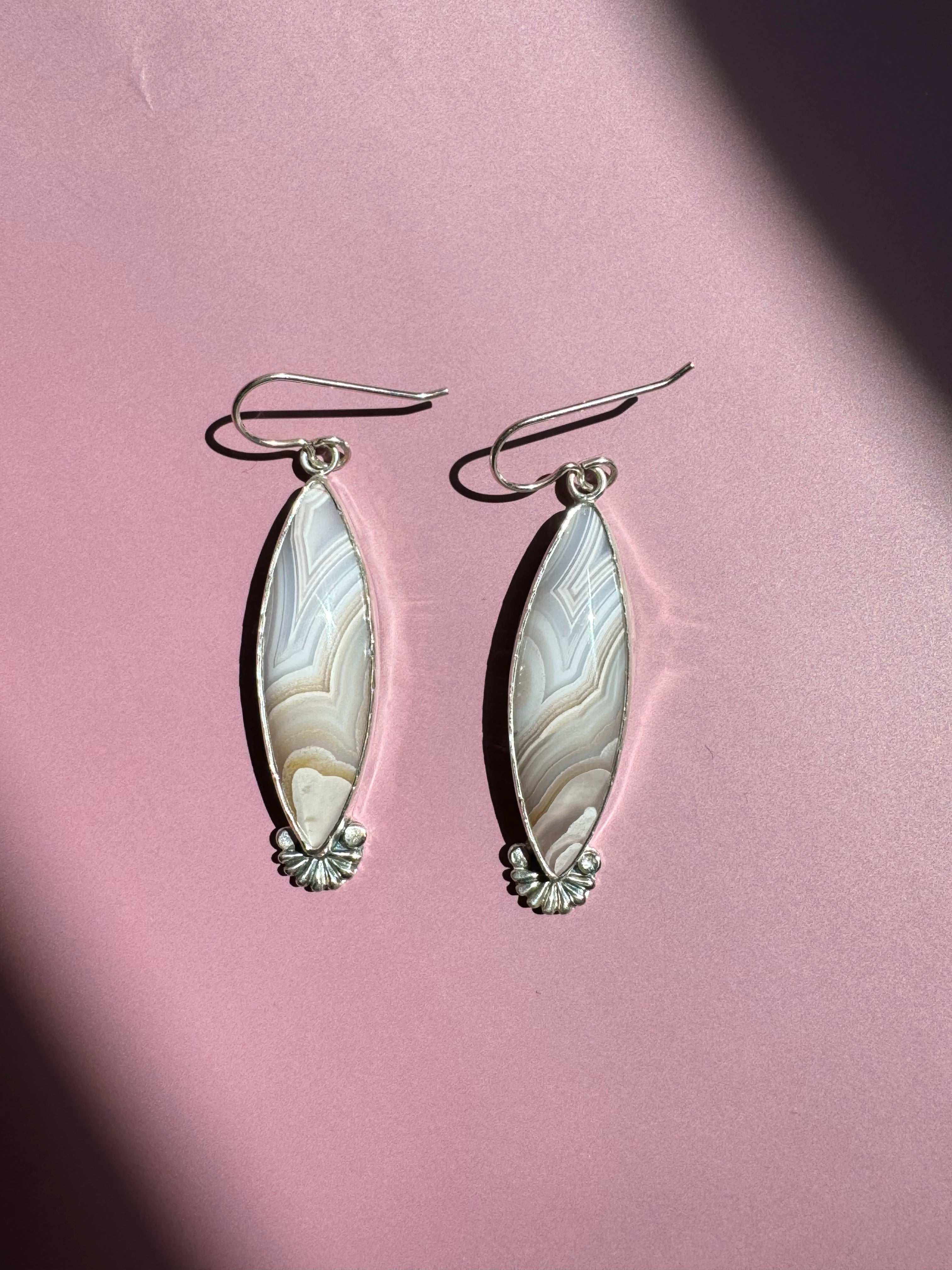 Pretty pastel pink dangly earrings. Agua Nueva on sterling silver. Handmade, one of a kind jewelry.