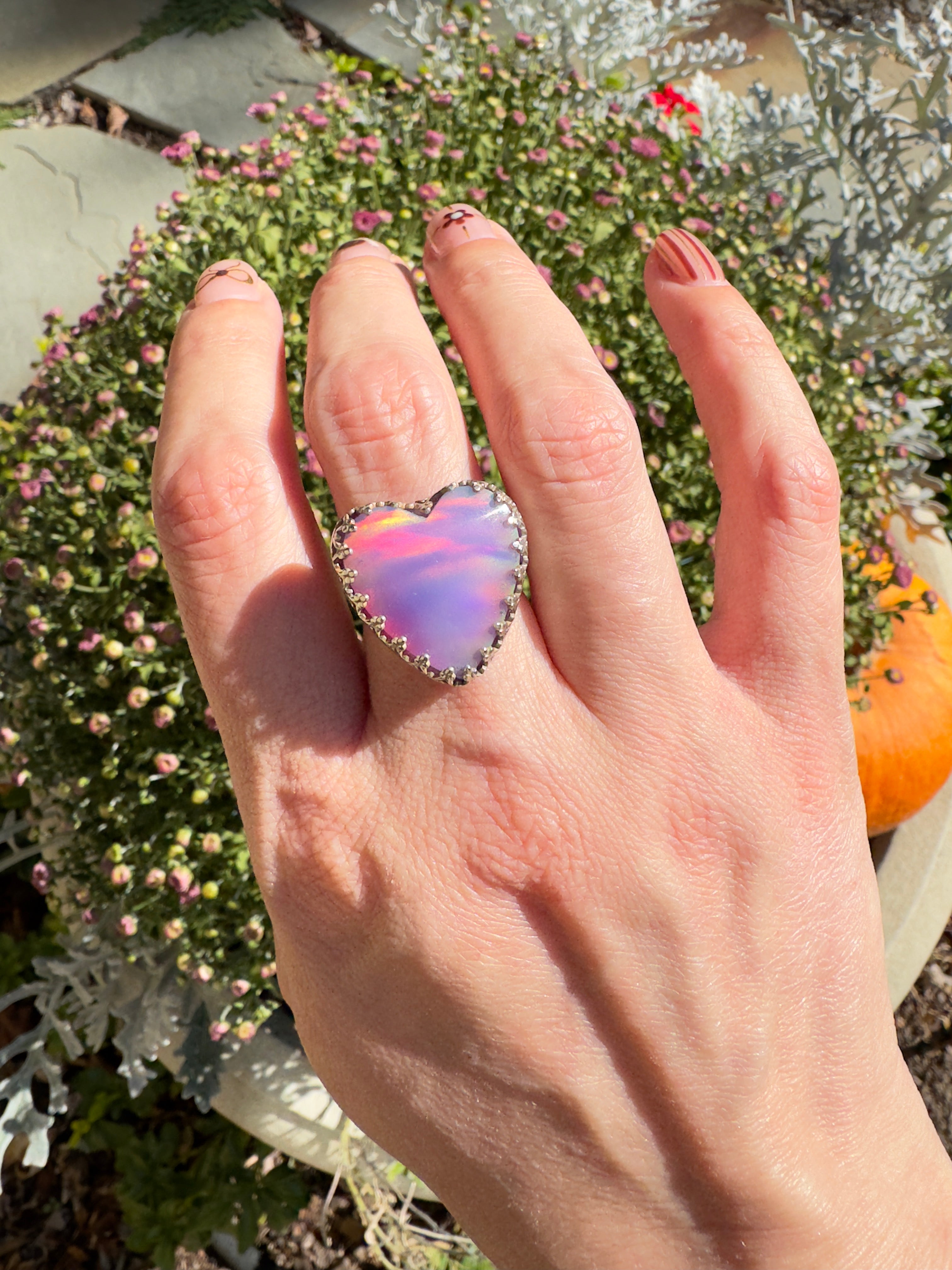 Beautiful heart shaped Aurora Opal on a wide sterling silver double band. One of a kind. The perfect pink ring for Valentine's Day. Size 7