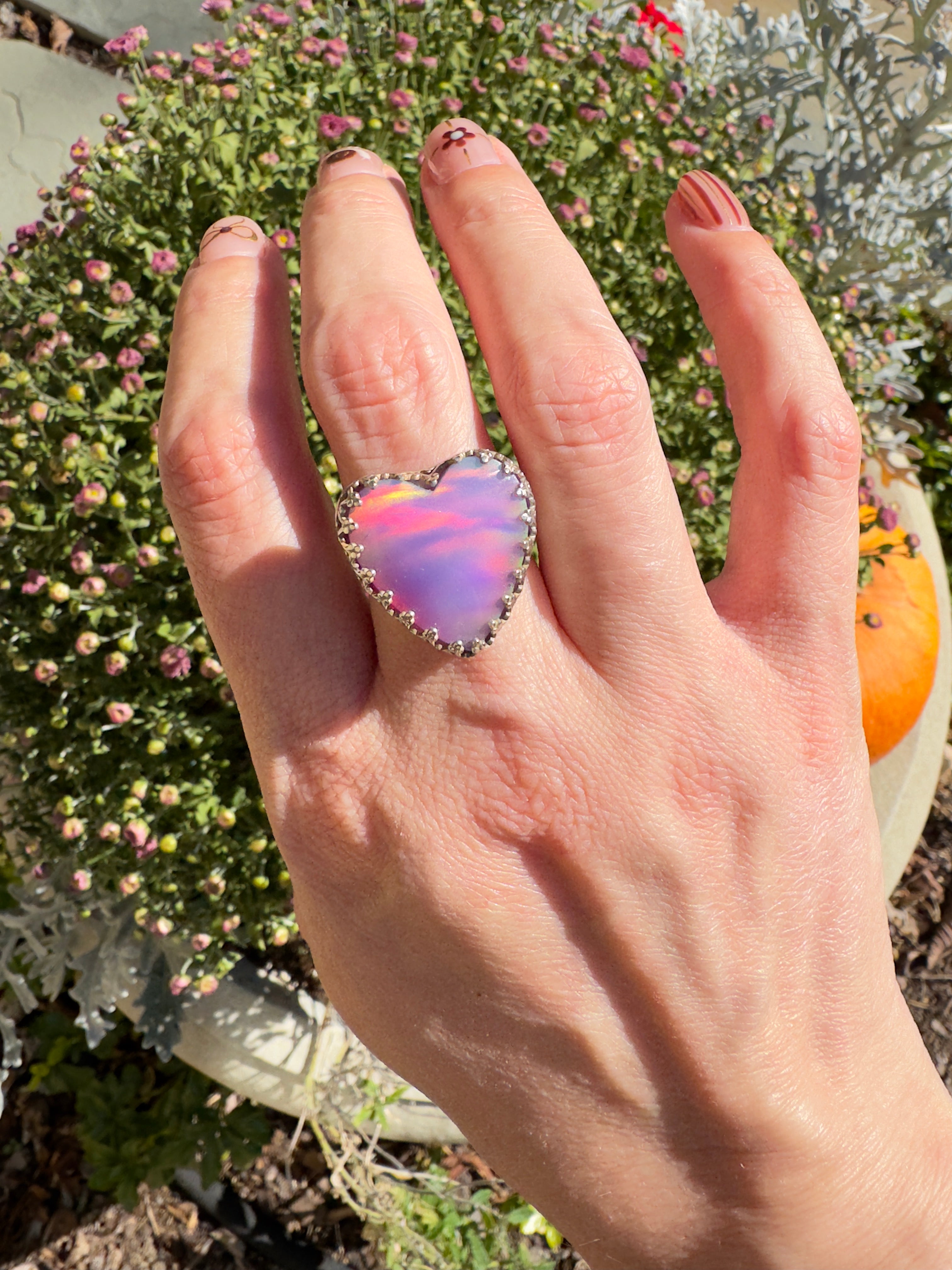 Beautiful heart shaped Aurora Opal on a wide sterling silver double band. One of a kind. The perfect pink ring for Valentine's Day. Size 7