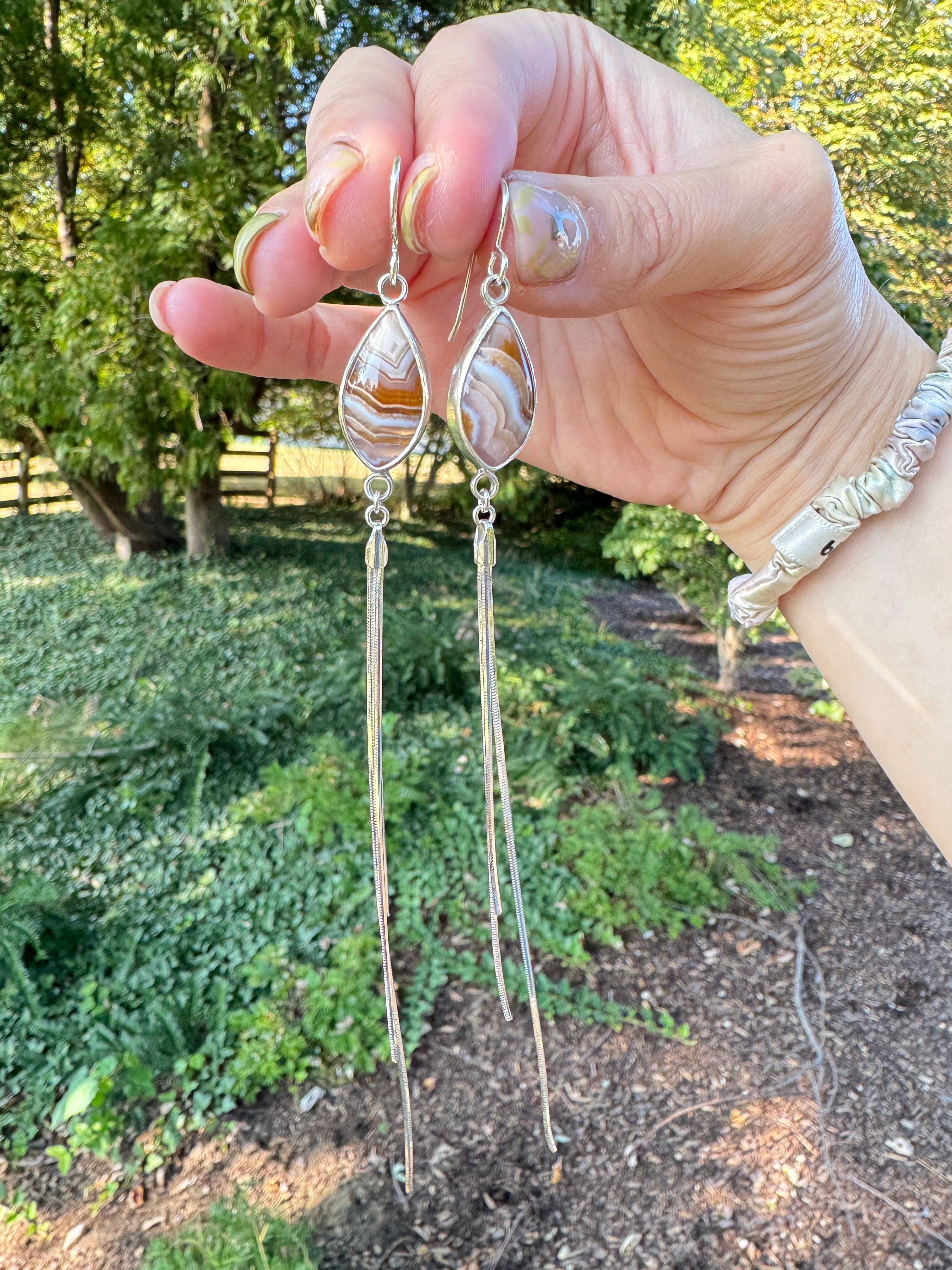 Pretty pinks and nudes Agua Nueva on sterling silver with sterling silver snake chain dangles. One of a kind, handmade pair.