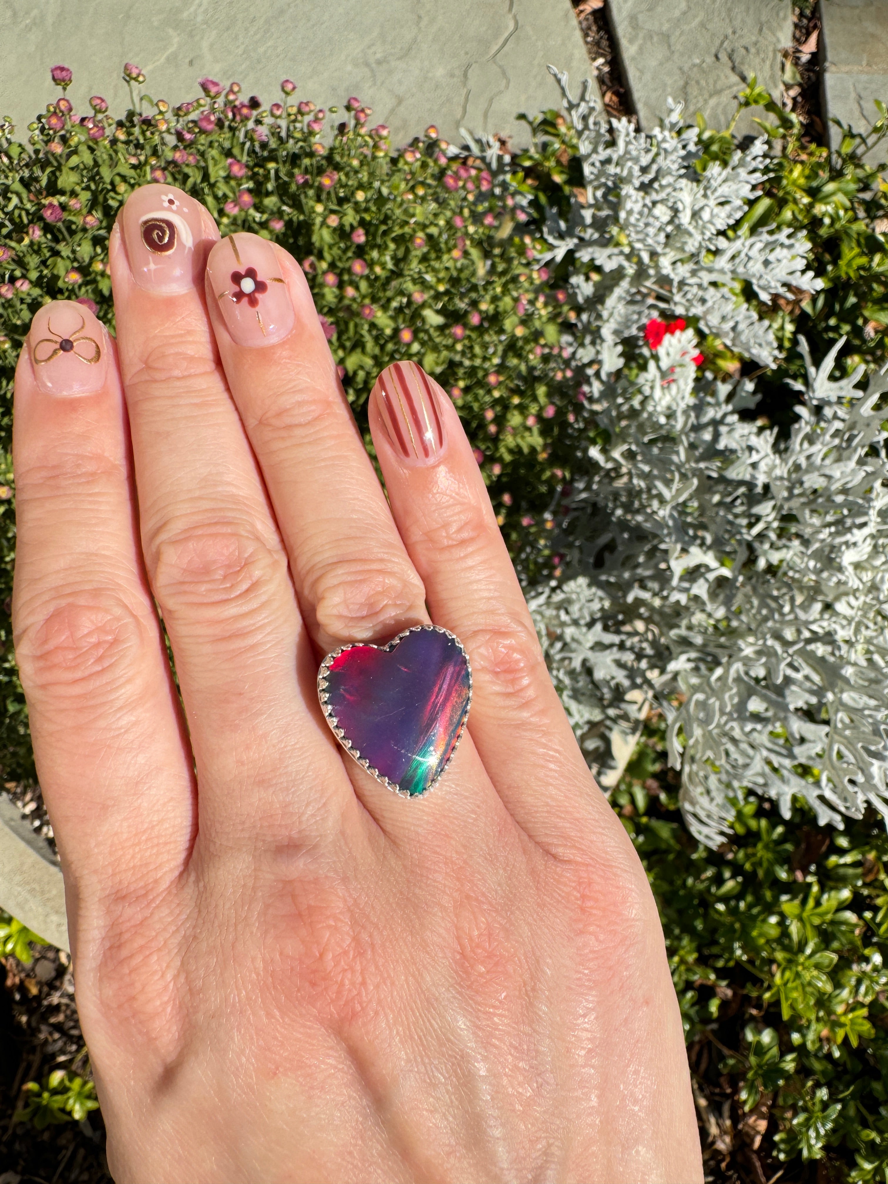 Beautiful heart shaped Aurora Opal on a wide sterling silver double band. One of a kind. The perfect heart ring for Valentine's Day. Size 6