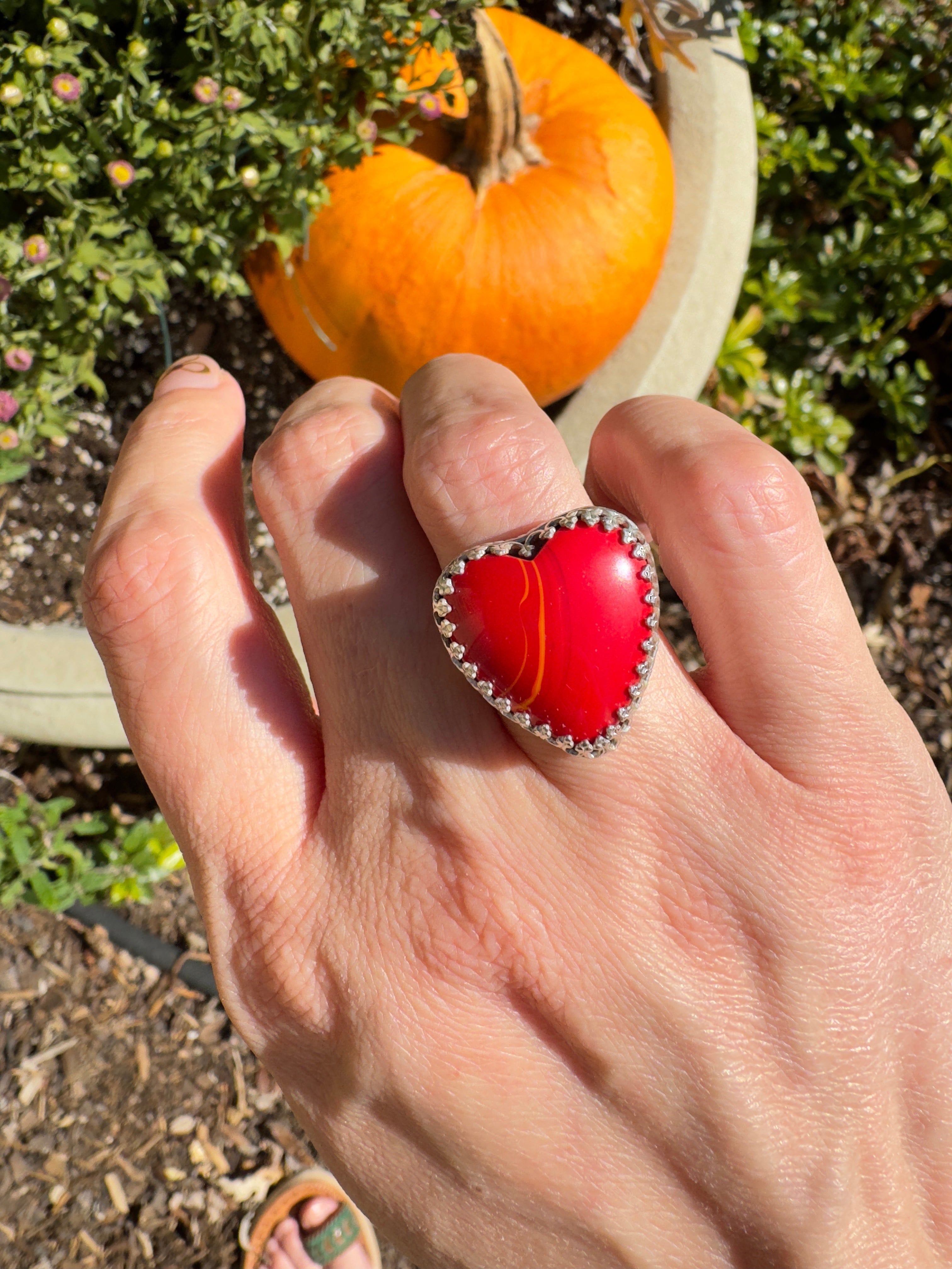 Red Rosarita Heart Ring with sterling silver band. One of a kind statement ring. Perfect for Valentines Day