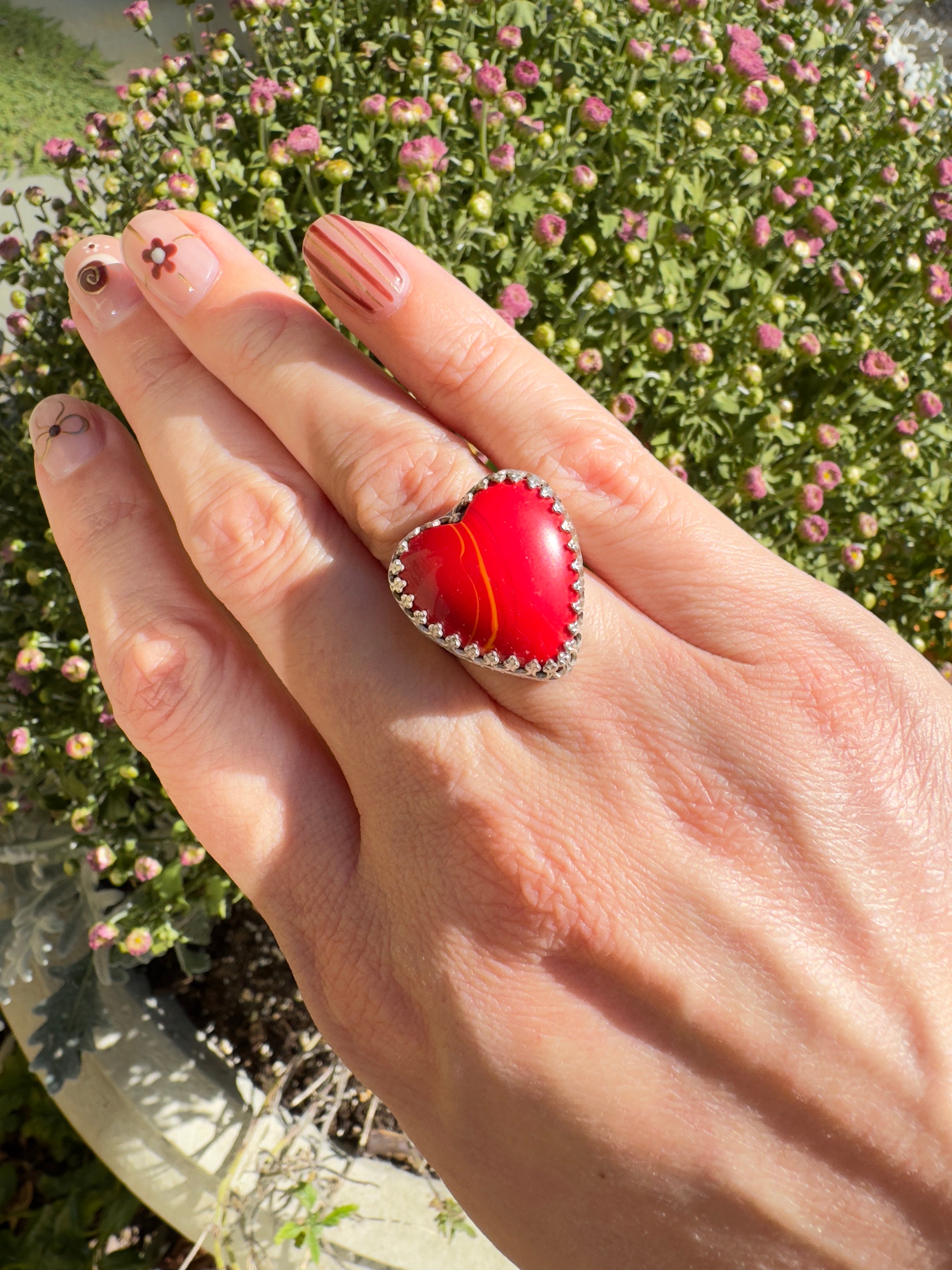 Red Rosarita Heart Ring with sterling silver band. One of a kind statement ring. Perfect for Valentines Day