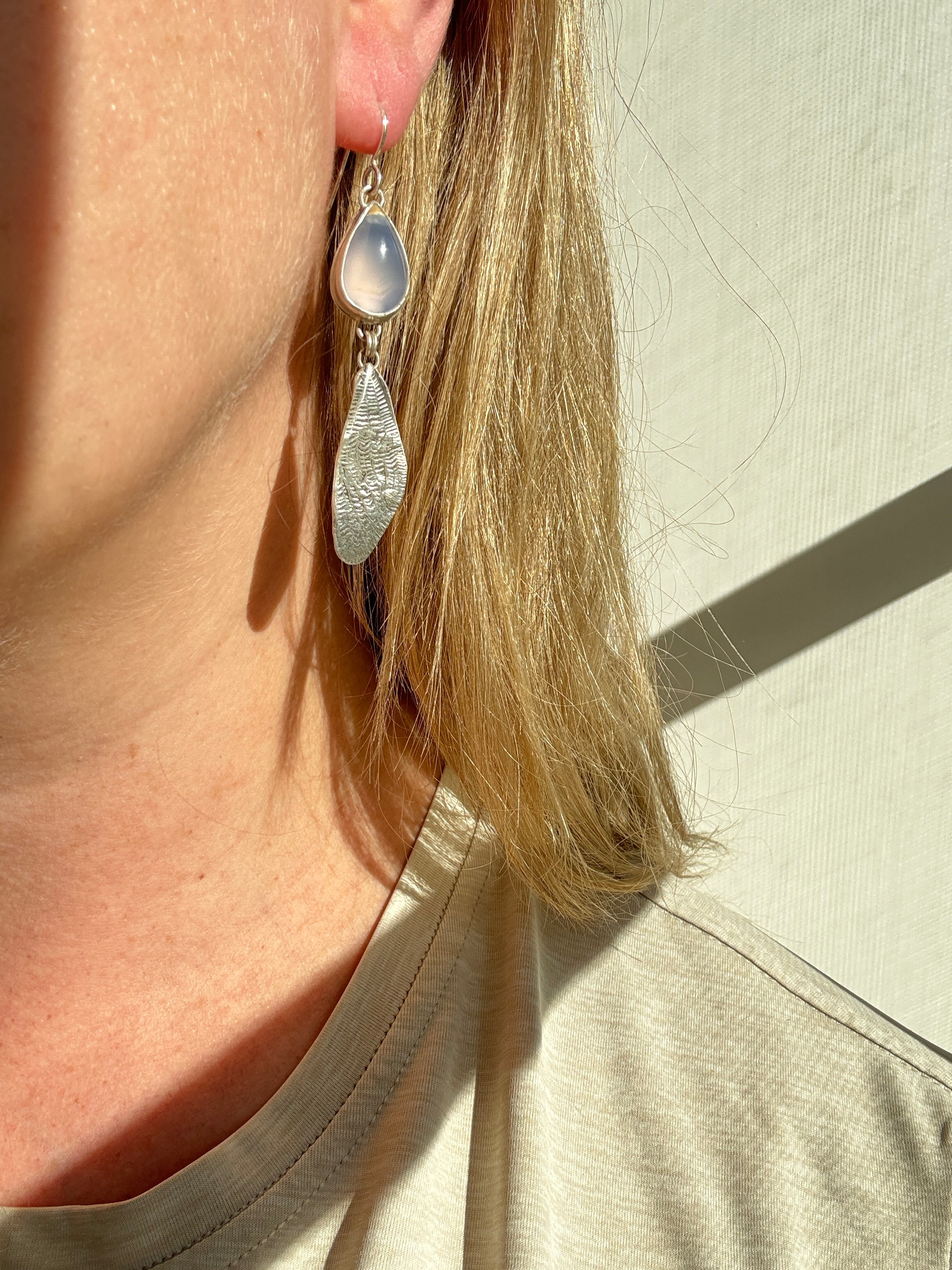 Sterling silver cicada wings with sparkling blue chalcedony. One of a kind pair.