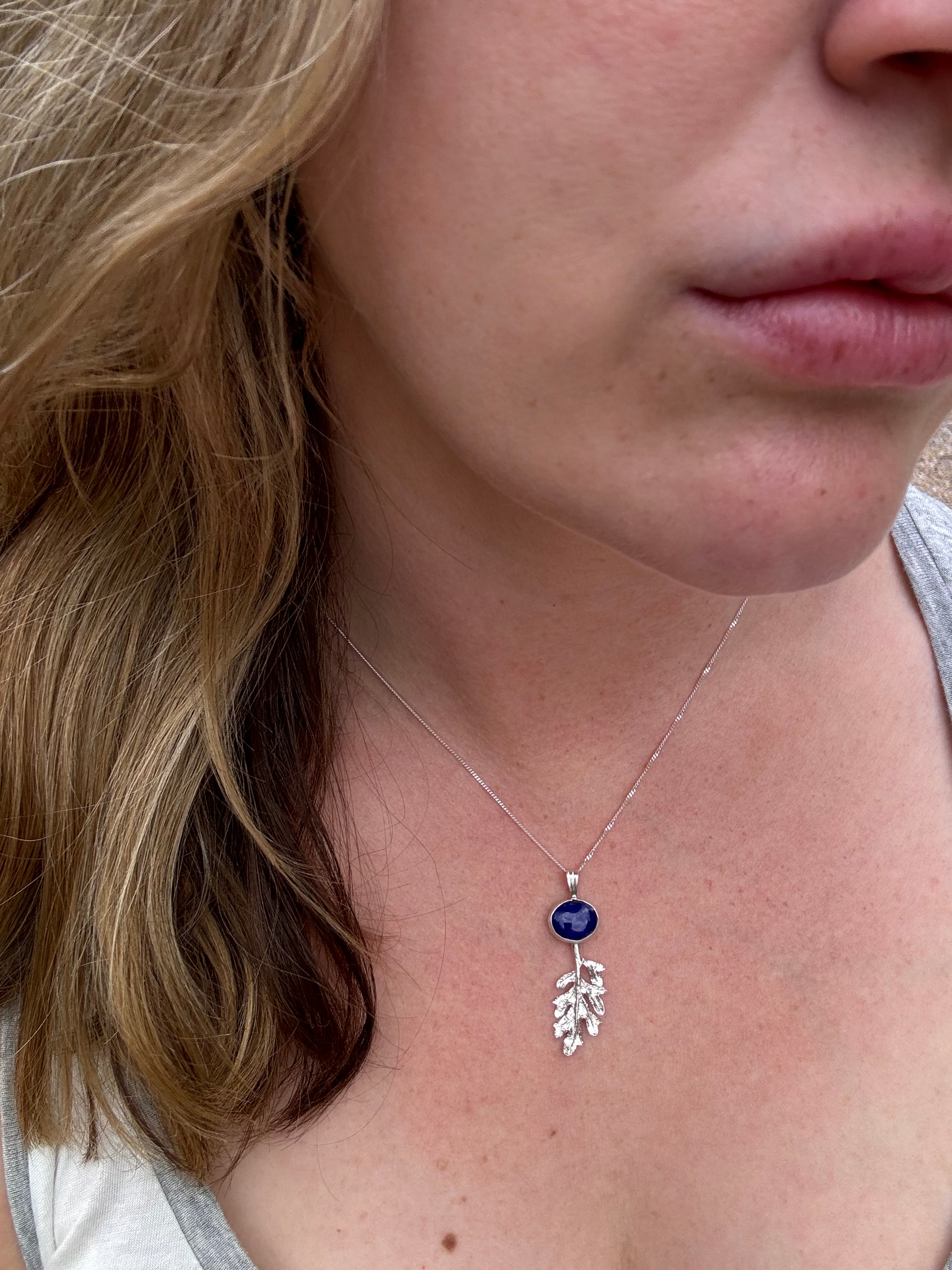 Sterling Silver Leaf Pendant with Lapis