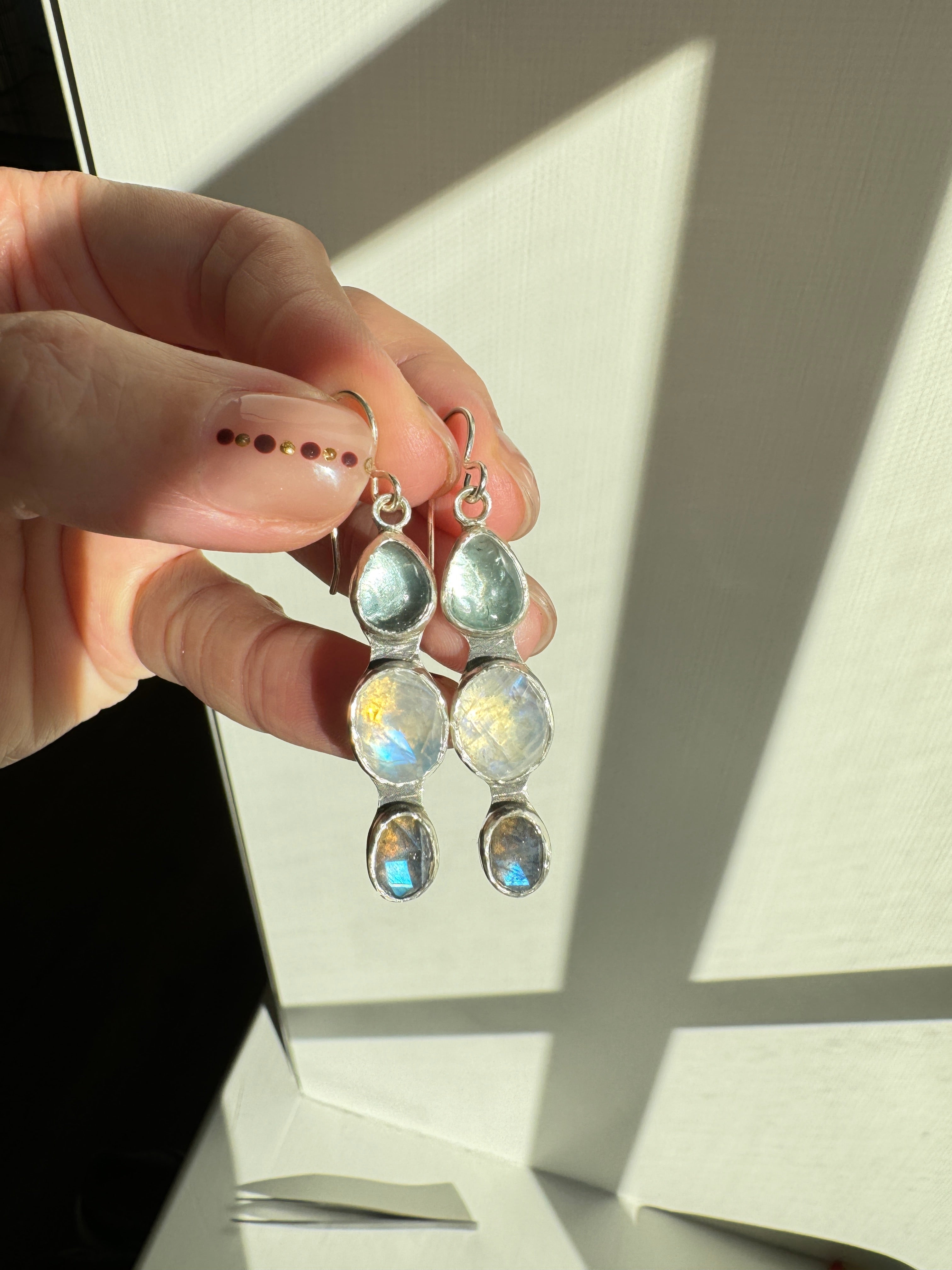 Icy blues of aquamarine, moonstone and labradorite set in fine silver bezels on a sterling silver back. 