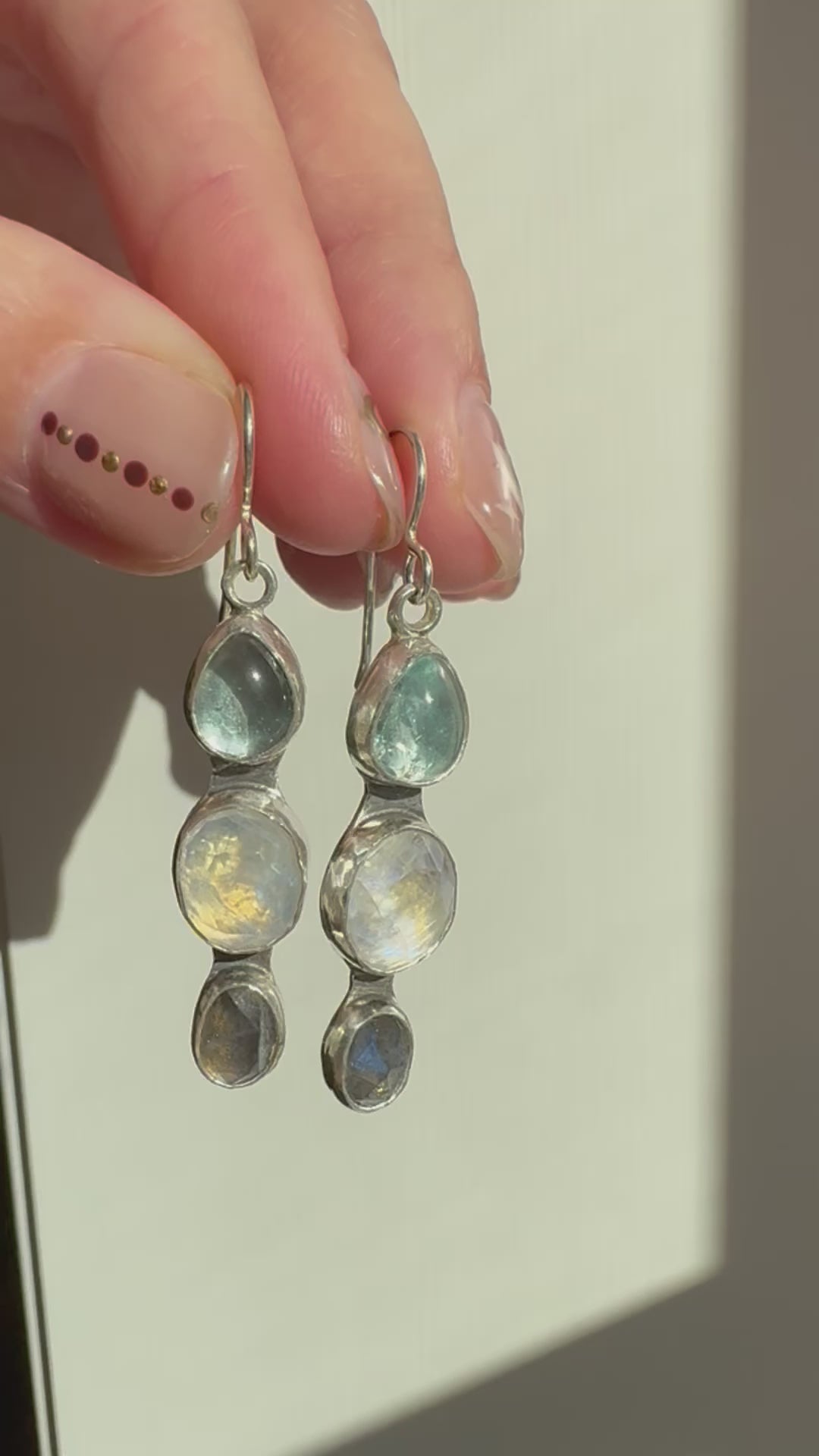 Icy blues of aquamarine, moonstone and labradorite set in fine silver bezels on a sterling silver back. 