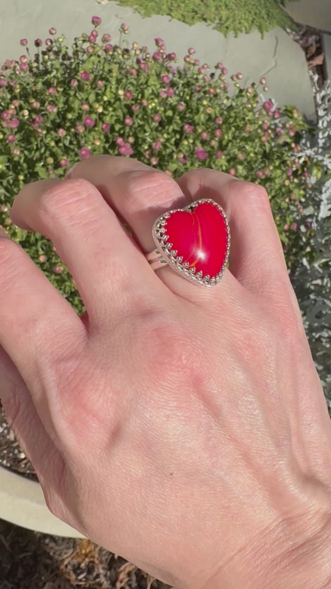 Red Rosarita Heart Ring with sterling silver band. One of a kind statement ring. Perfect for Valentines Day