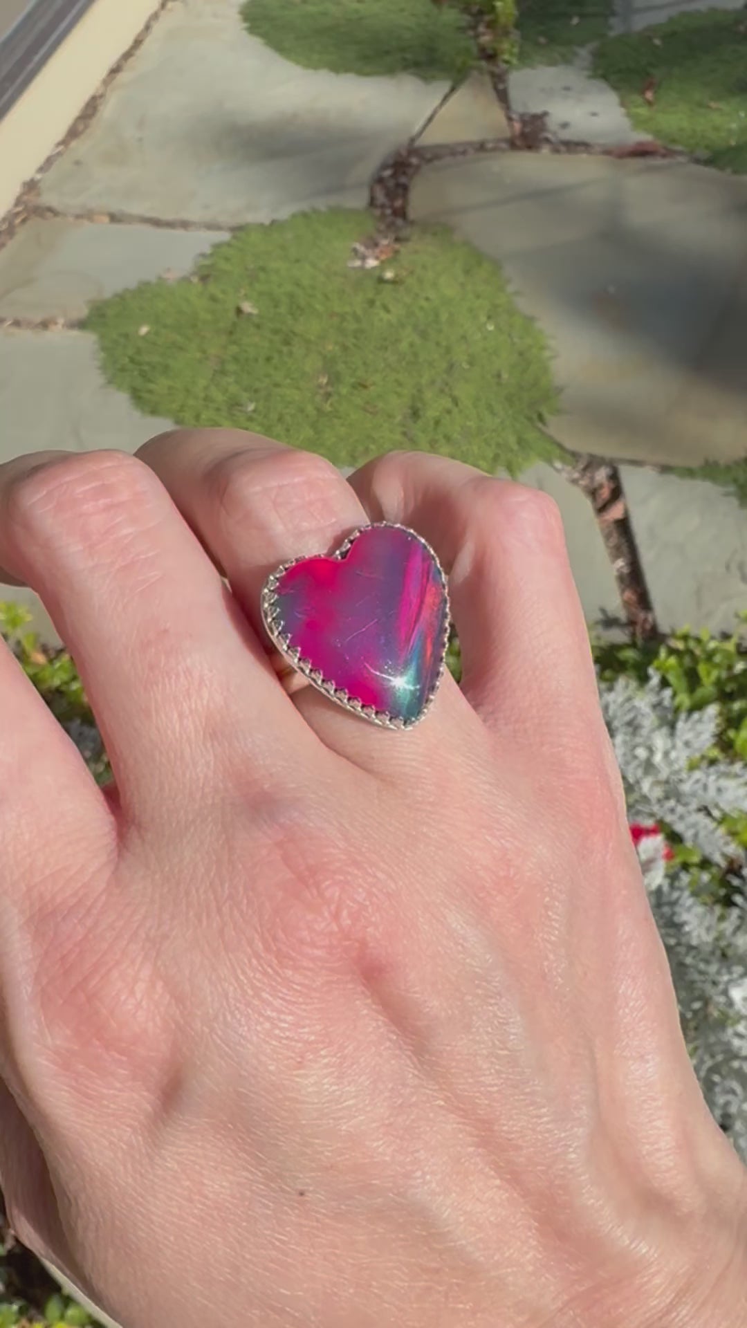 Beautiful heart shaped Aurora Opal on a wide sterling silver double band. One of a kind. The perfect heart ring for Valentine's Day. Size 6