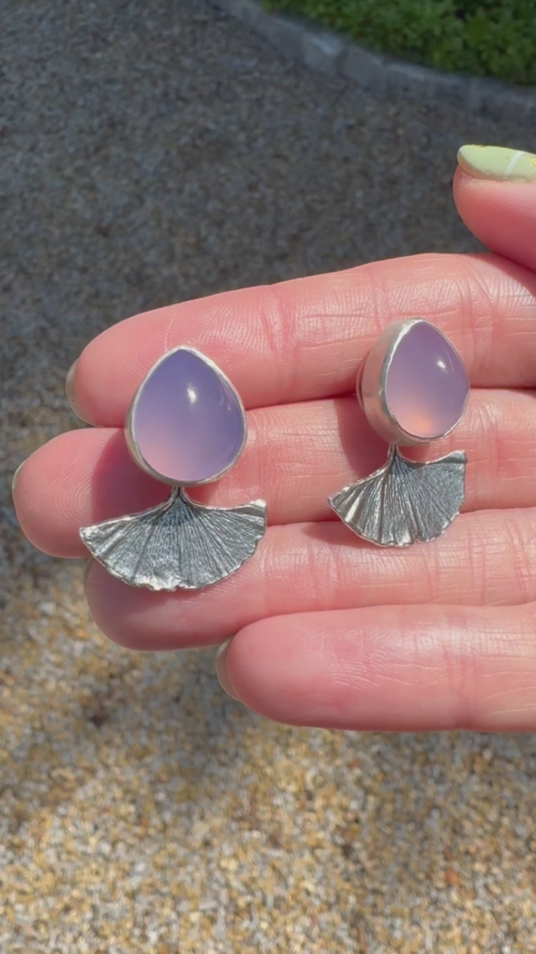 Lavender Chalcedony &amp; Ginko Leaf Ear Jackets