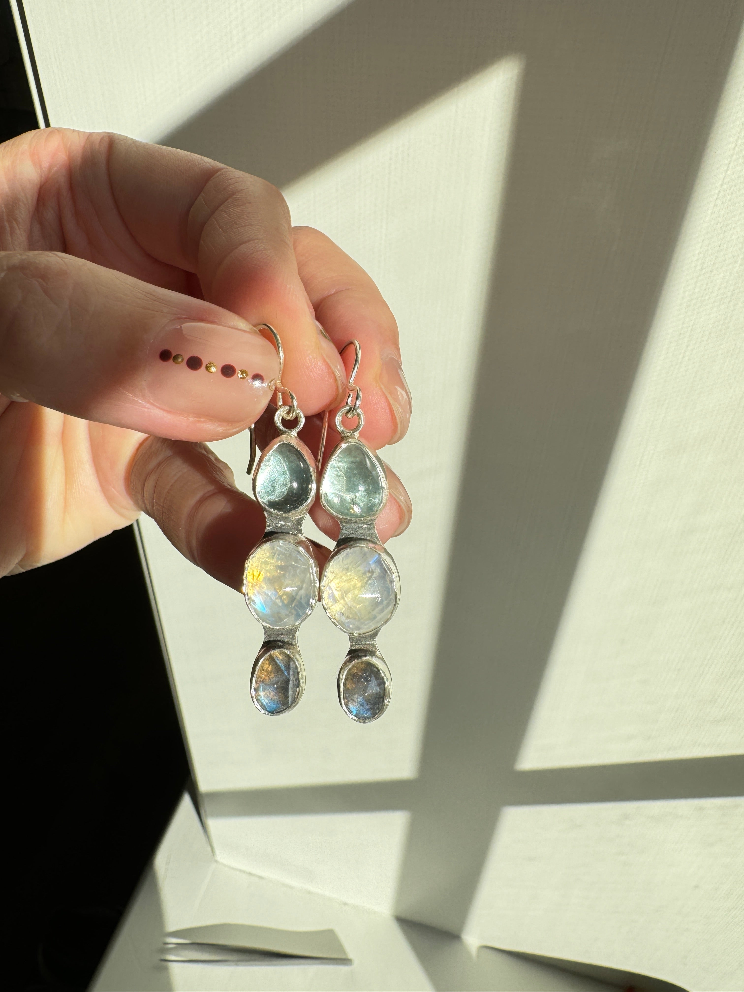 Icy blues of aquamarine, moonstone and labradorite set in fine silver bezels on a sterling silver back. 